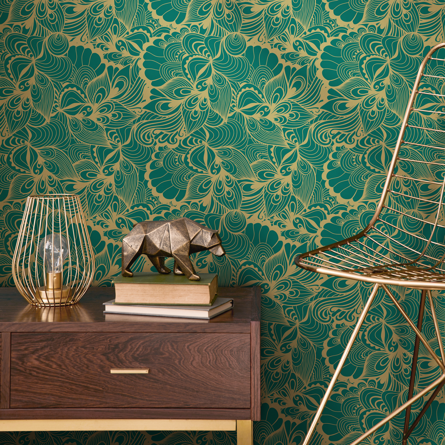 Abstract Wallpaper with Swirling Botanicals in Green and Gold - B561