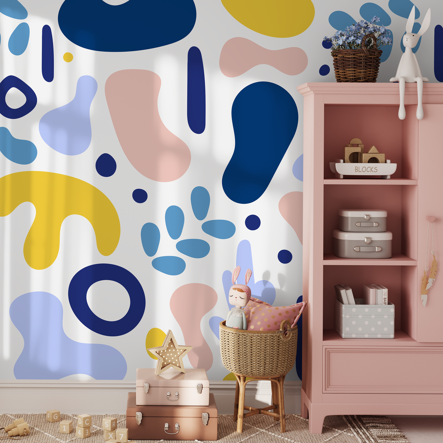 Abstract Wallpaper with Modern Organic Shapes in Blue, Pink, and Yellow - B567