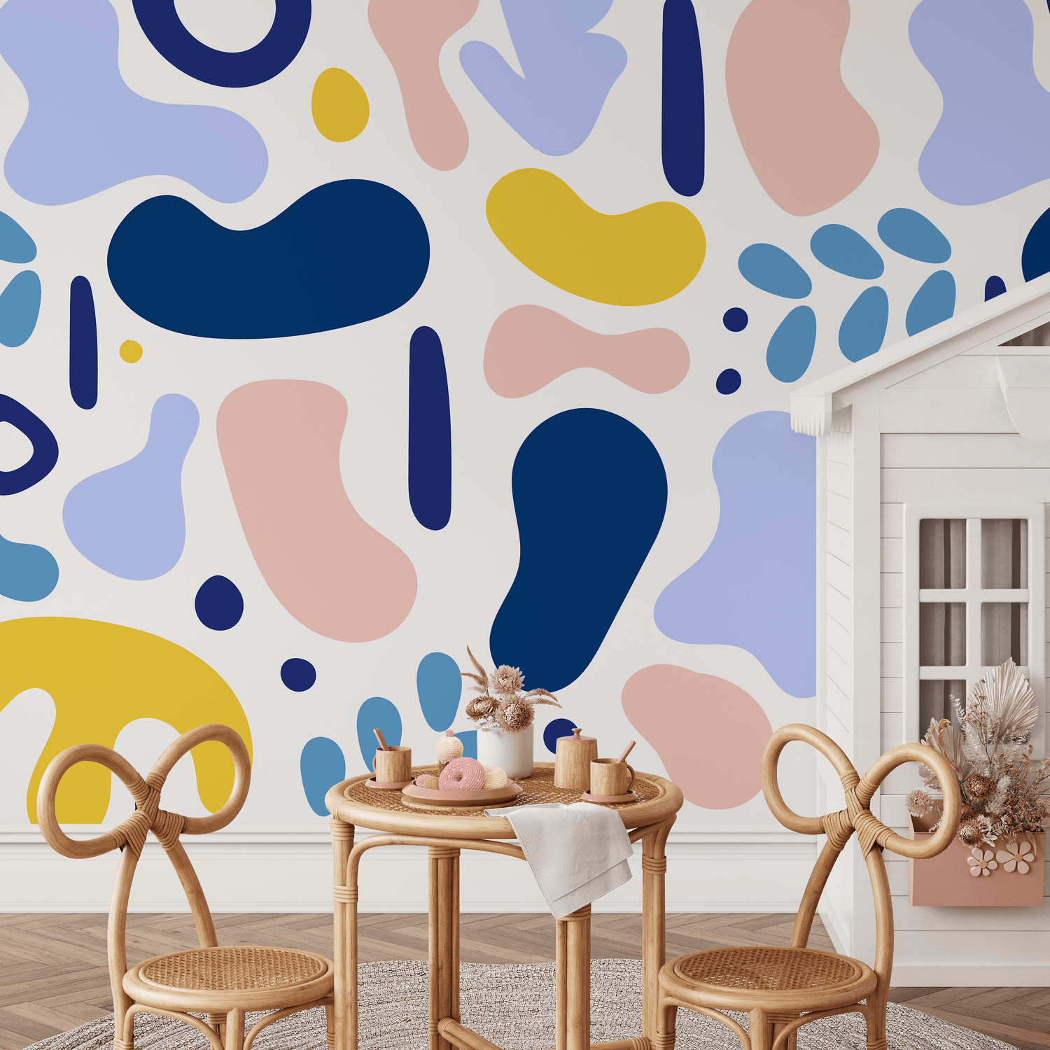 Abstract Wallpaper with Modern Organic Shapes in Blue, Pink, and Yellow - B567