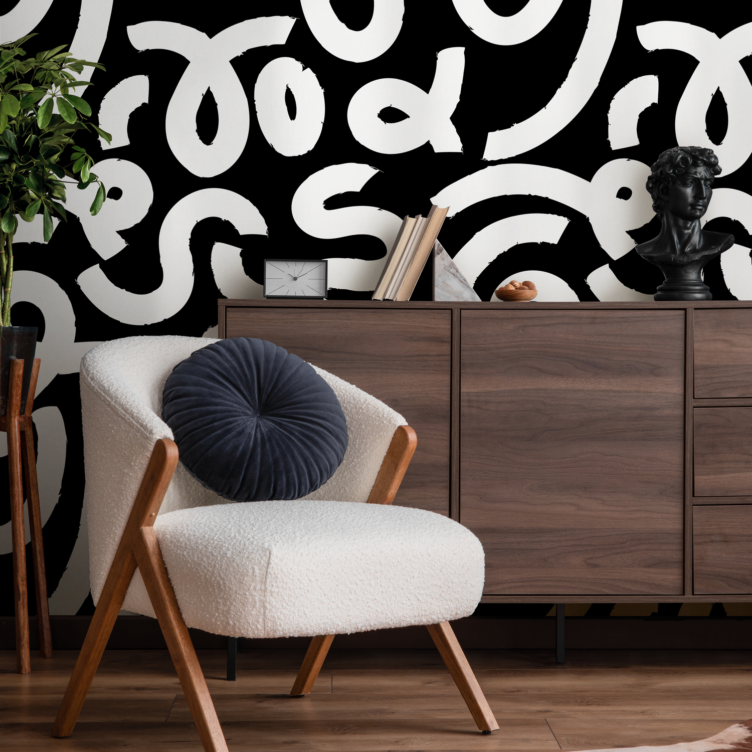 Abstract Wallpaper with Bold Winding Brush Strokes in Black and White - B568