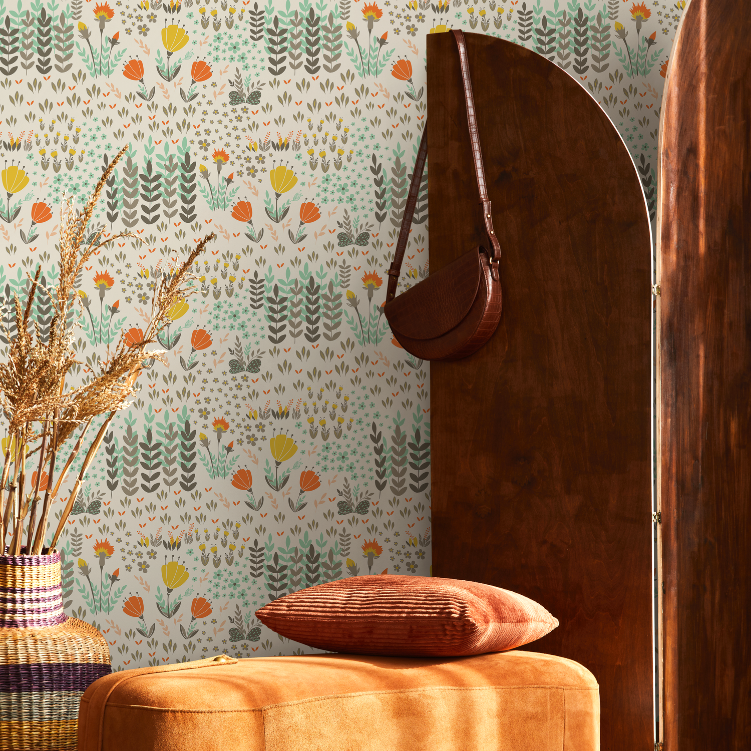 Floral Wallpaper with a Stylized Meadow in Orange, Yellow, and Green - B581