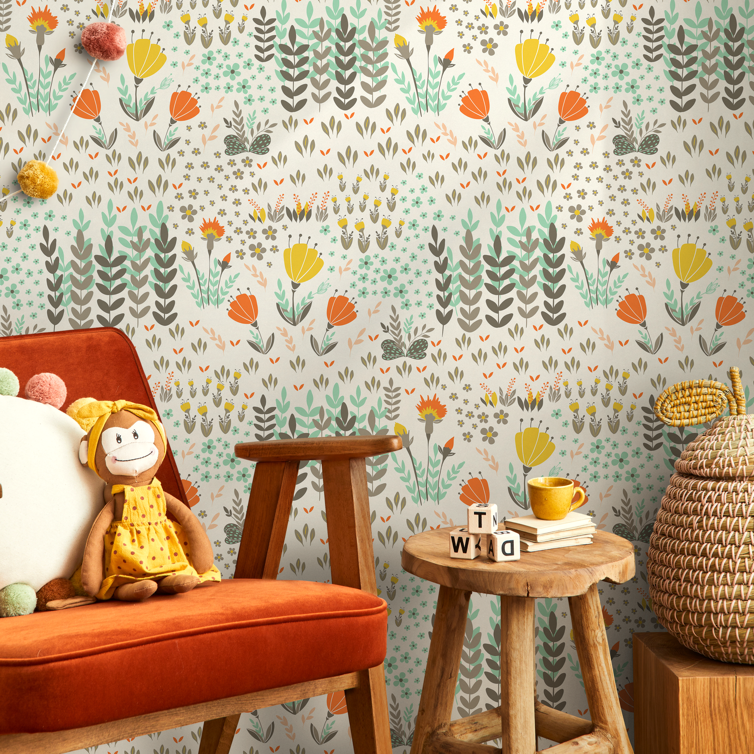 Floral Wallpaper with a Stylized Meadow in Orange, Yellow, and Green - B581