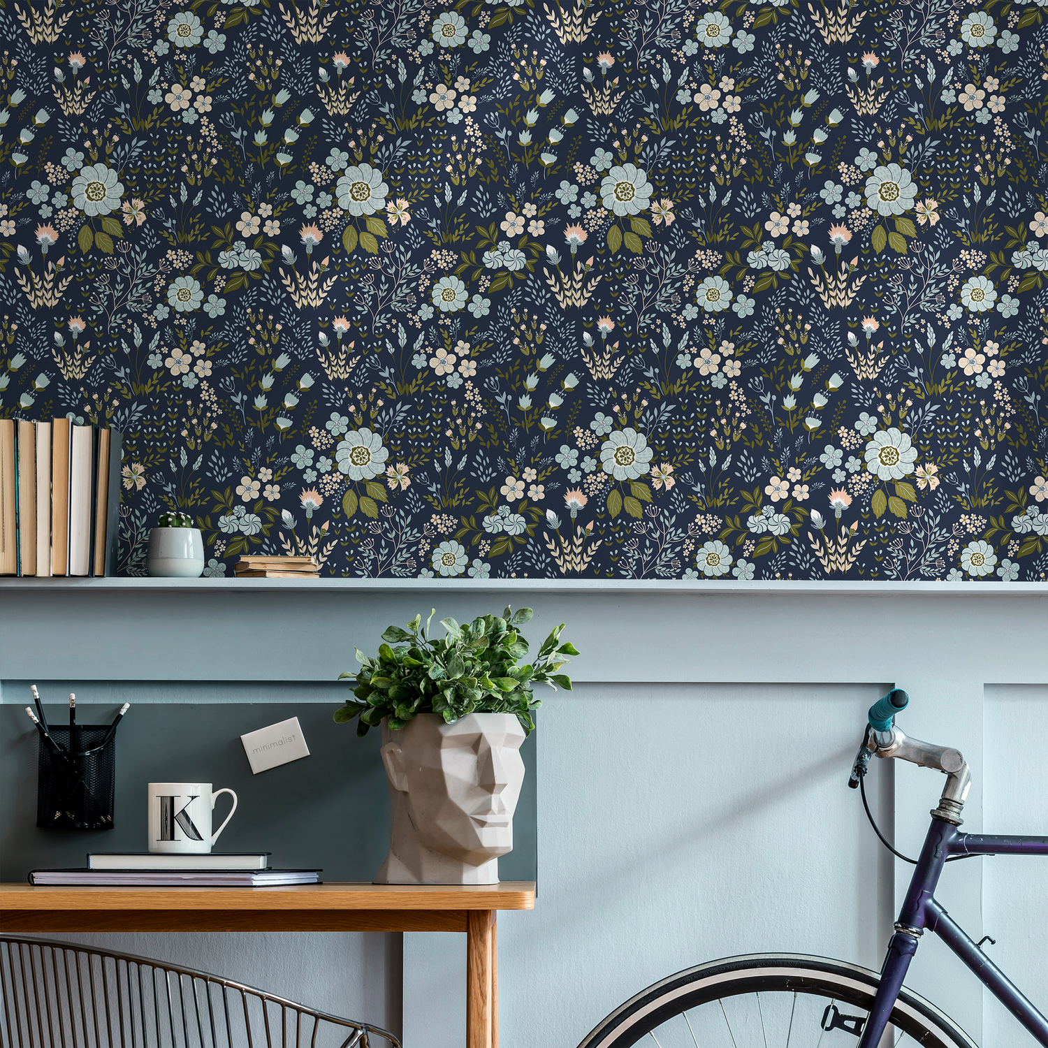 Botanical Wallpaper with a Folk Art Floral Motif in Navy, Blue, and Pink - B582