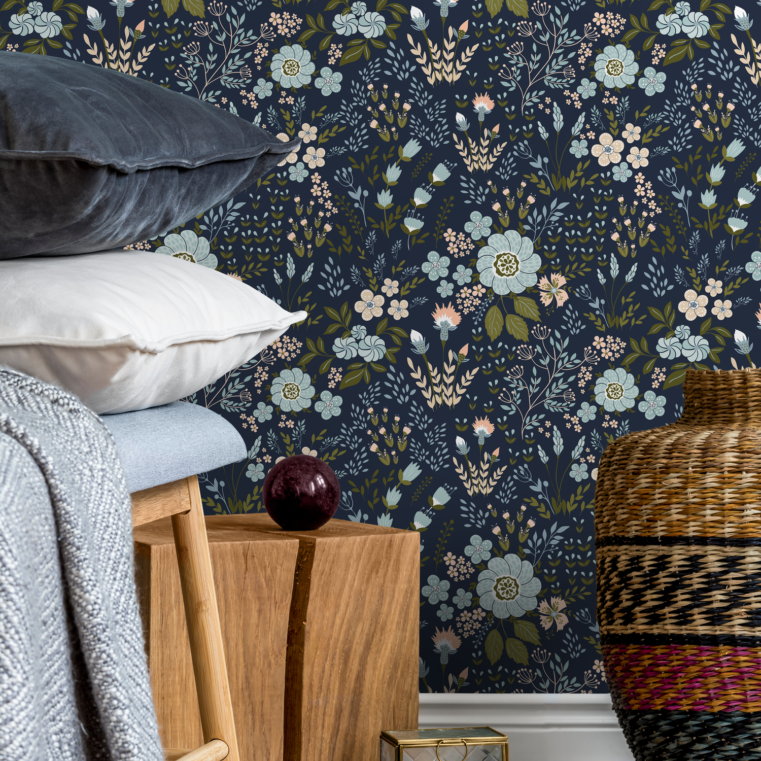 Botanical Wallpaper with a Folk Art Floral Motif in Navy, Blue, and Pink - B582