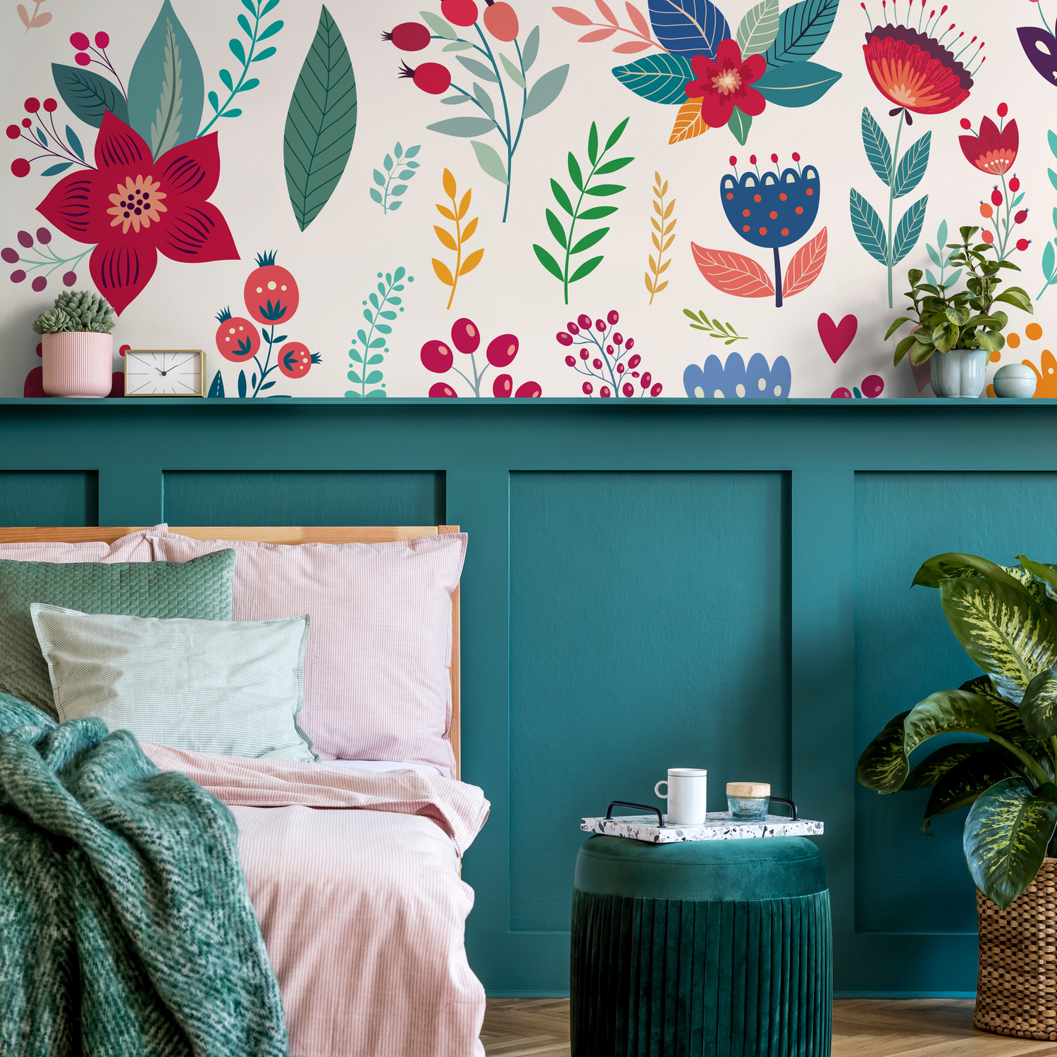 Floral Wallpaper with Folk Art Birds and Blooms in Pink, Blue, and Green - B585
