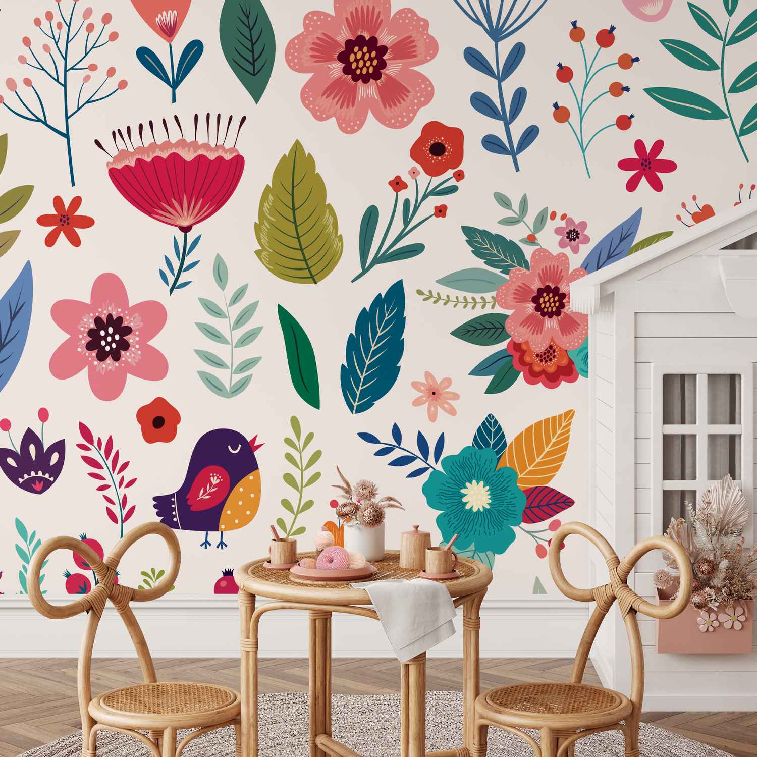 Floral Wallpaper with Folk Art Birds and Blooms in Pink, Blue, and Green - B585