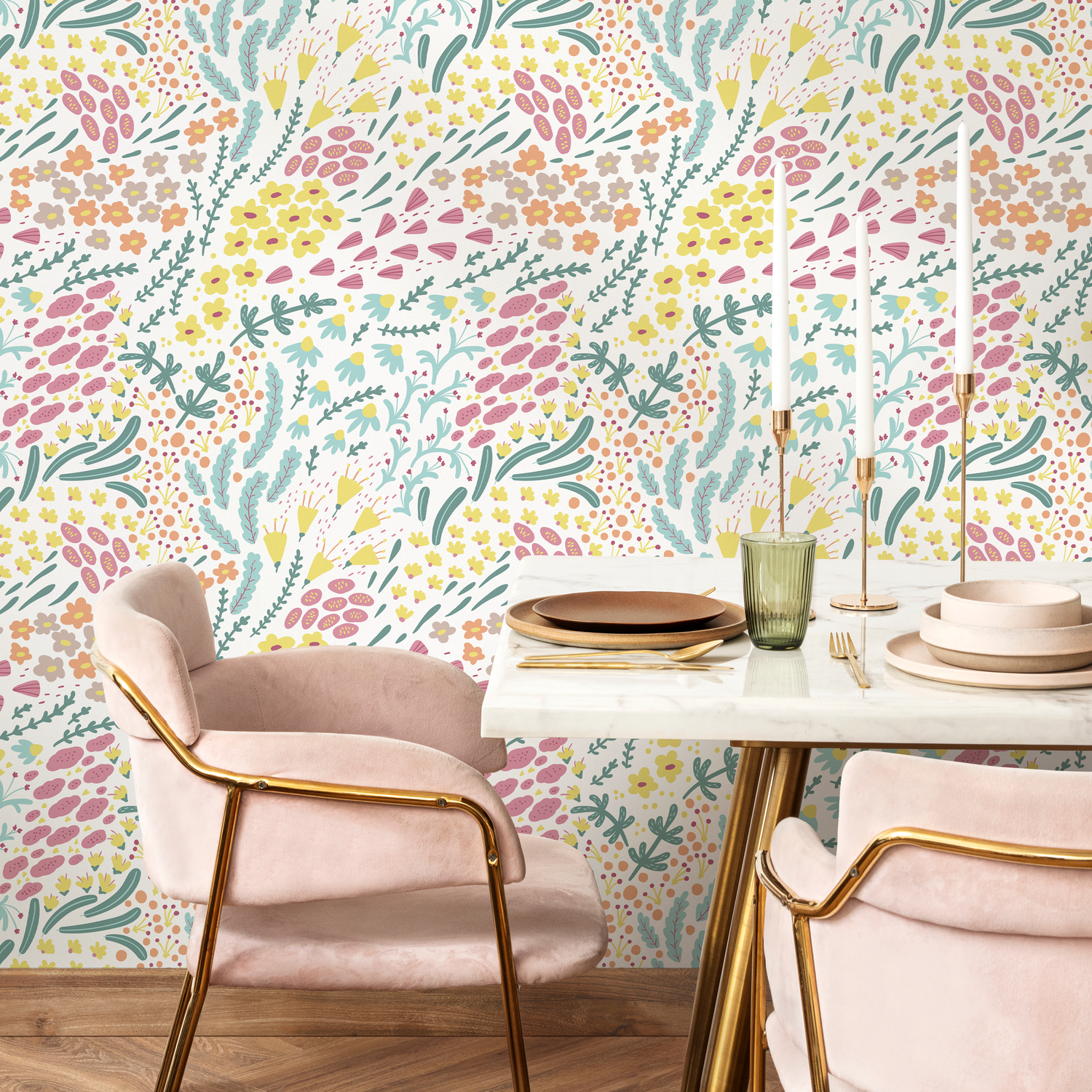 Floral Wallpaper with Abstract Wildflowers in Pink, Yellow, and Teal - B586