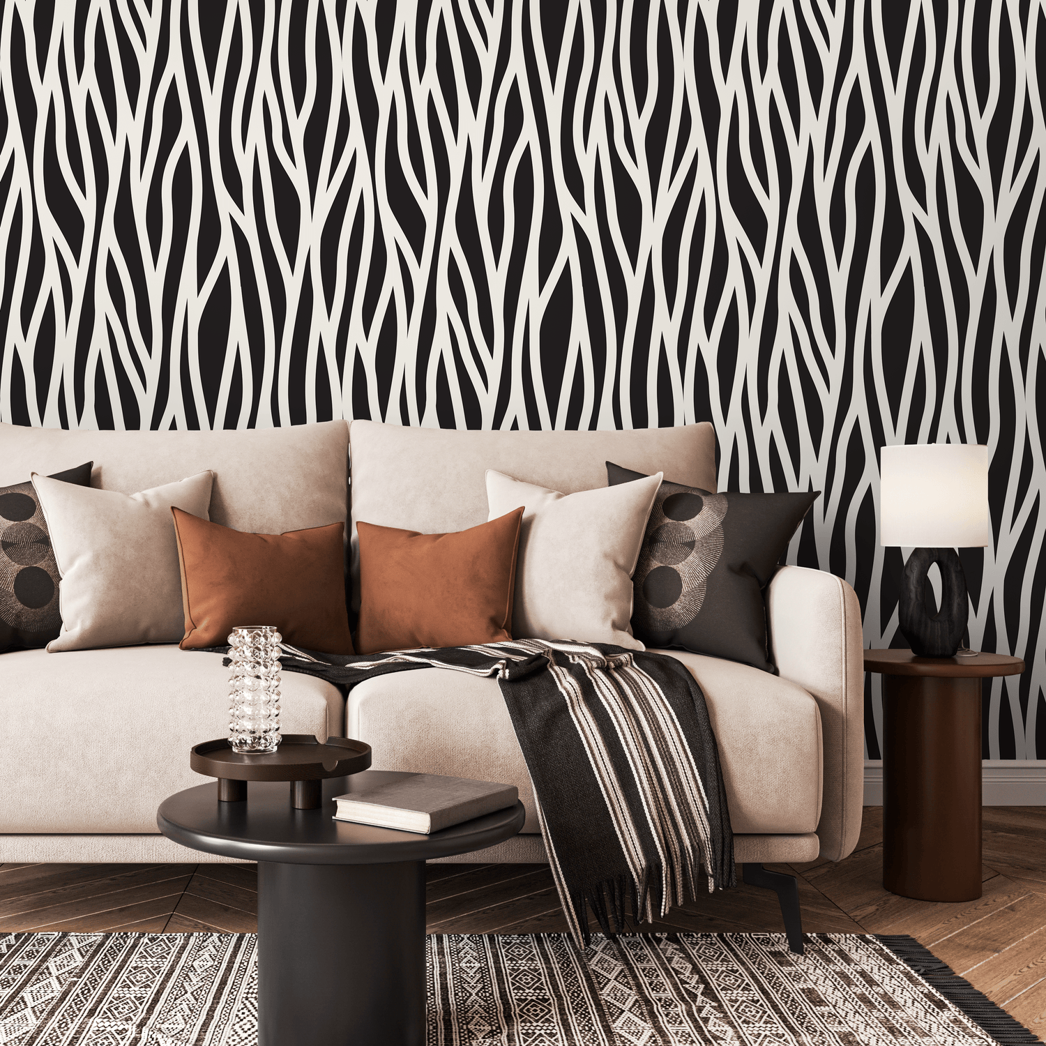 Abstract Wallpaper with Wavy Organic Lines in Black and White - B600