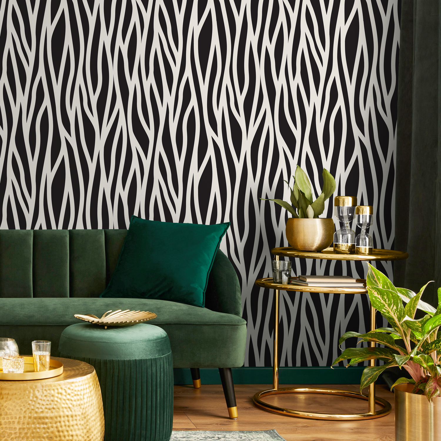 Abstract Wallpaper with Wavy Organic Lines in Black and White - B600