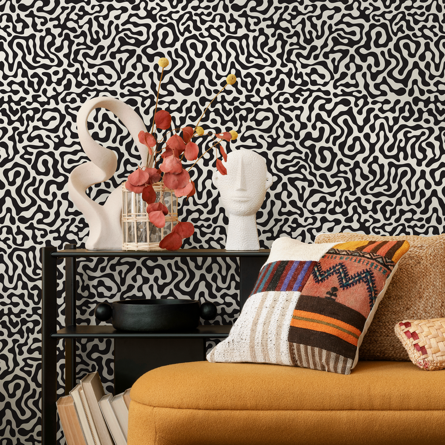 Abstract Wallpaper with Winding Organic Lines in Black and White - B601