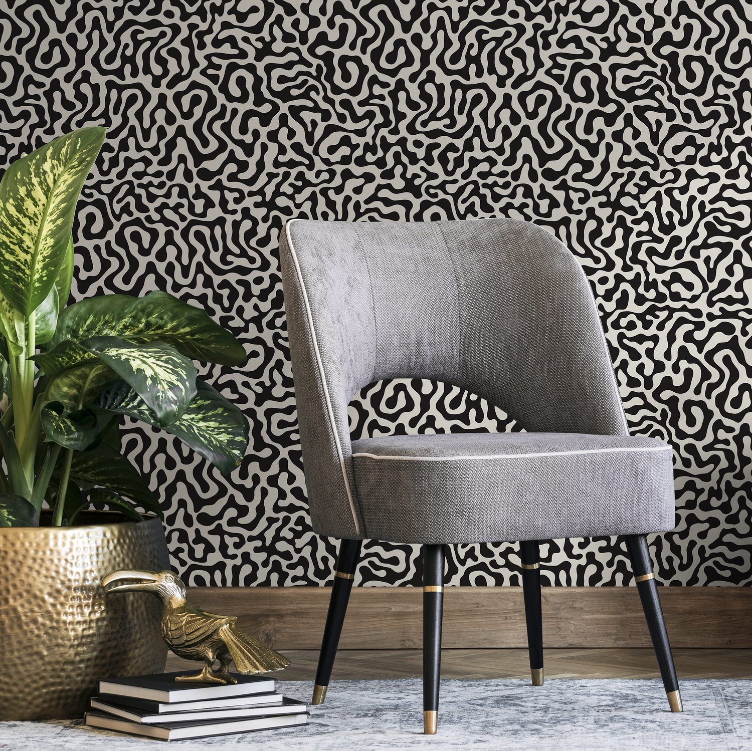 Abstract Wallpaper with Winding Organic Lines in Black and White - B601