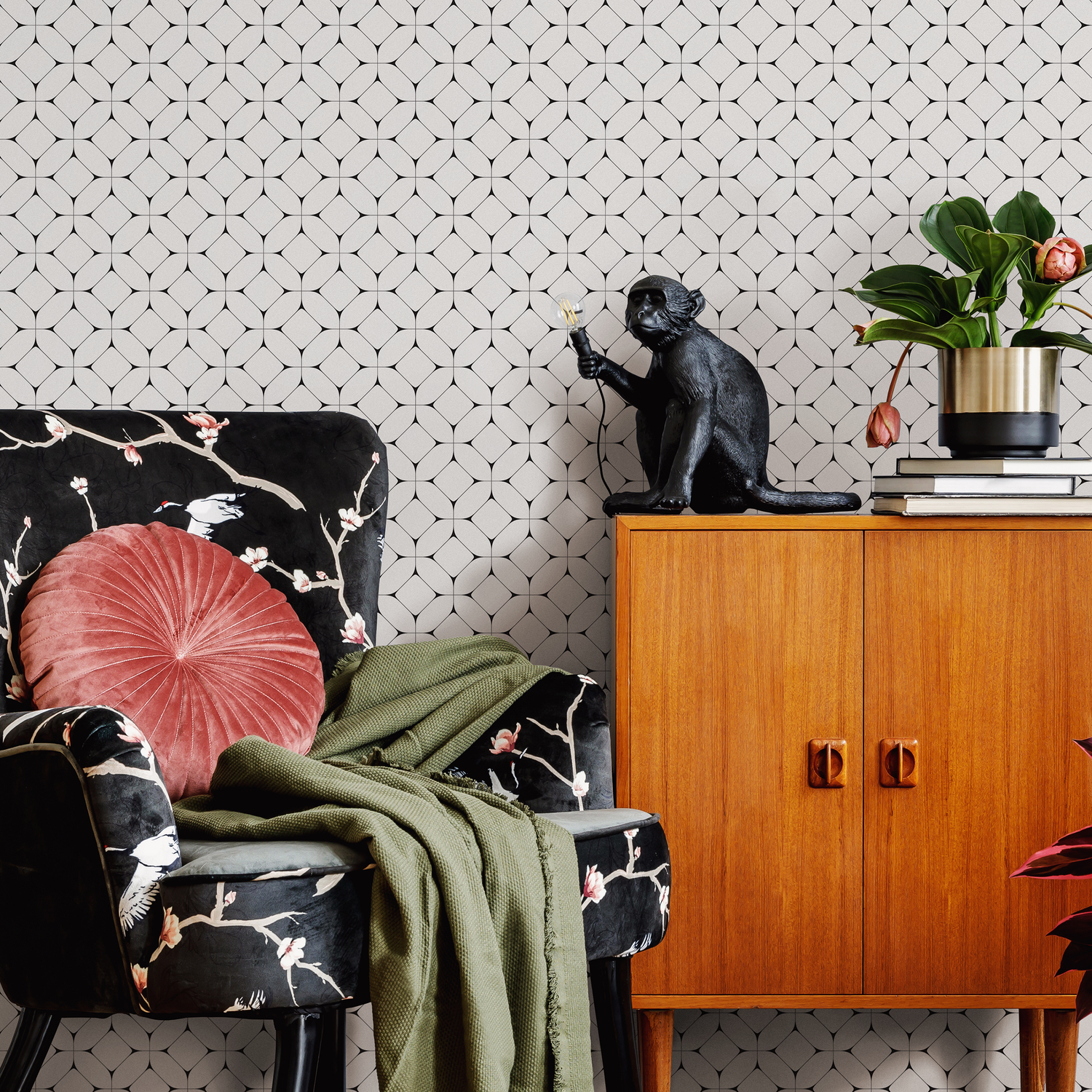 Geometric Wallpaper with an Interlocking Tile Motif in Black and White - B608