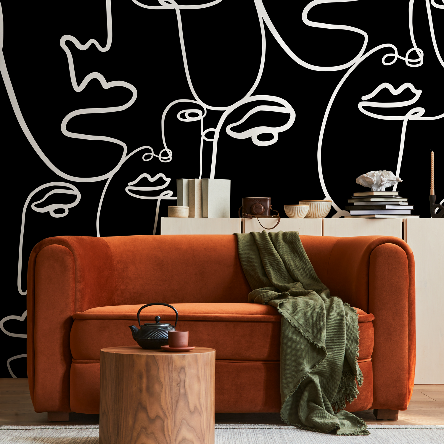 Line Art Wallpaper Featuring Abstract Faces in Black and White - B610