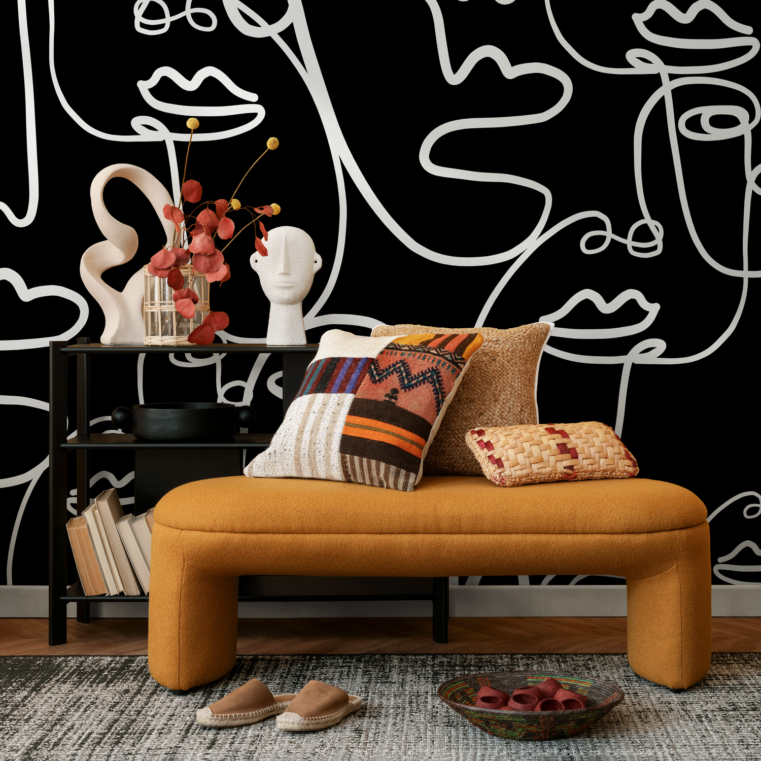 Line Art Wallpaper Featuring Abstract Faces in Black and White - B610