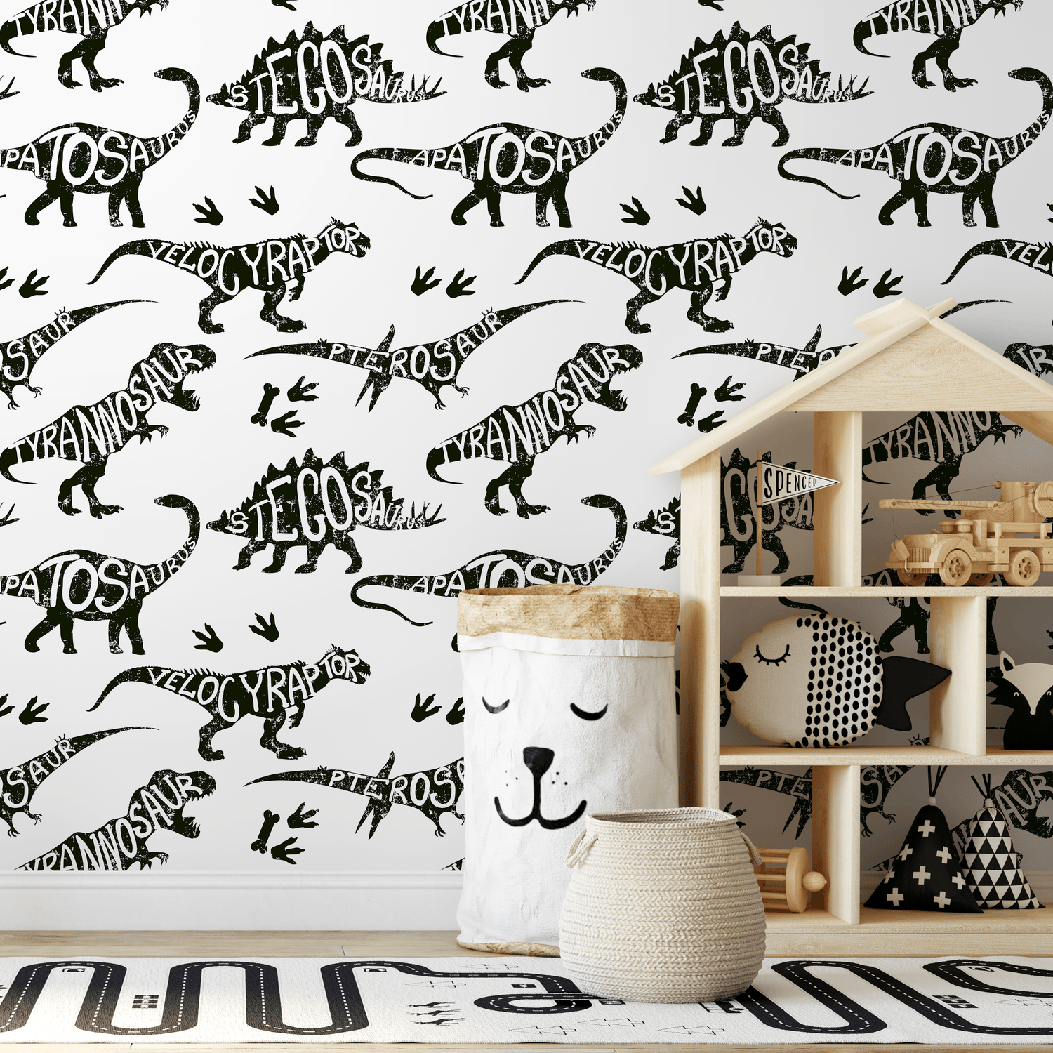 Dinosaur Wallpaper with Typographic Silhouettes in Black and Gray - B625
