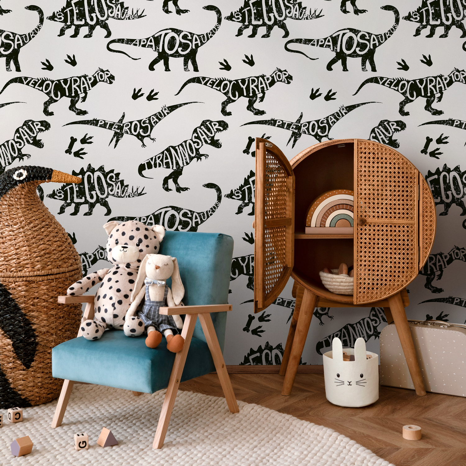 Dinosaur Wallpaper with Typographic Silhouettes in Black and Gray - B625