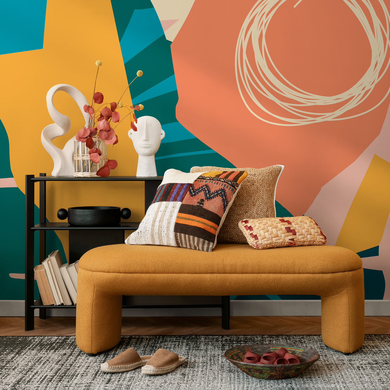 Abstract Wallpaper with Colorful Cut-Out Shapes in Teal, Yellow, and Orange - B640