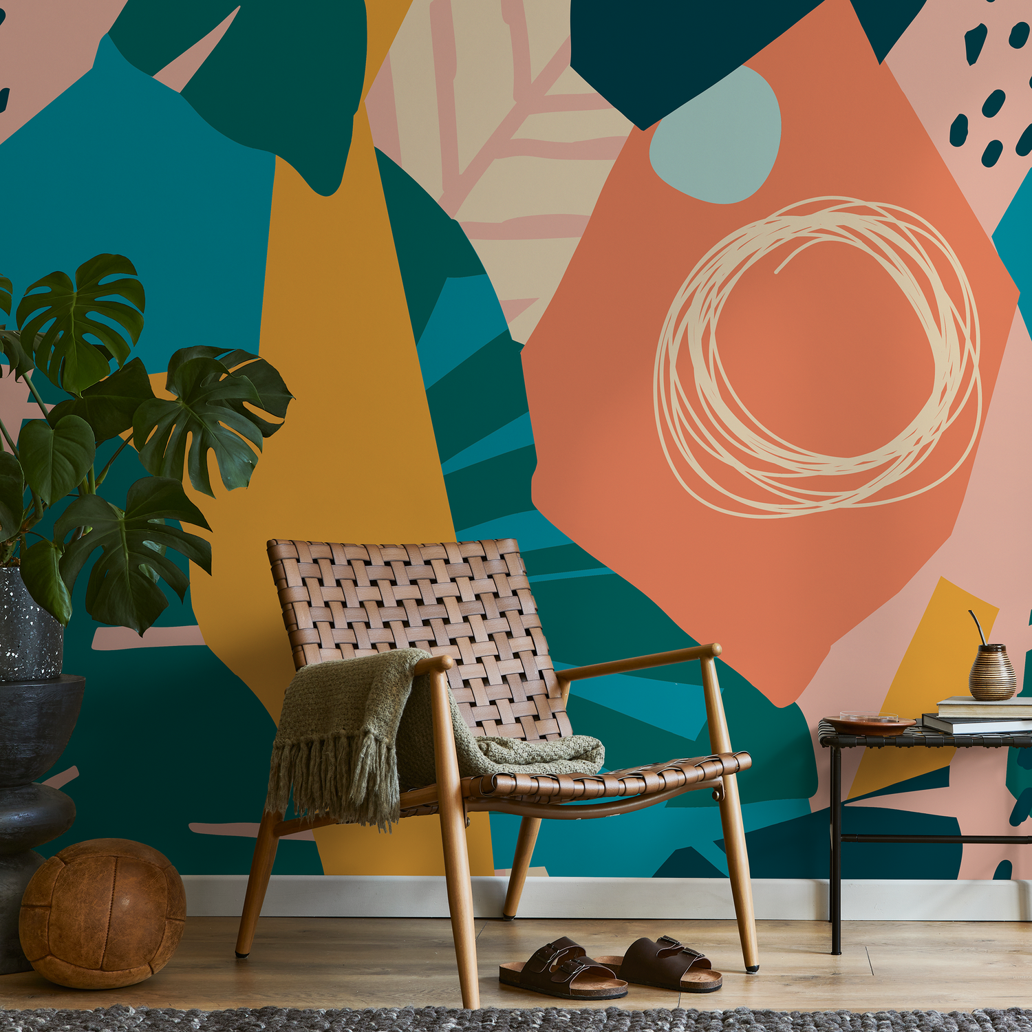 Abstract Wallpaper with Colorful Cut-Out Shapes in Teal, Yellow, and Orange - B640