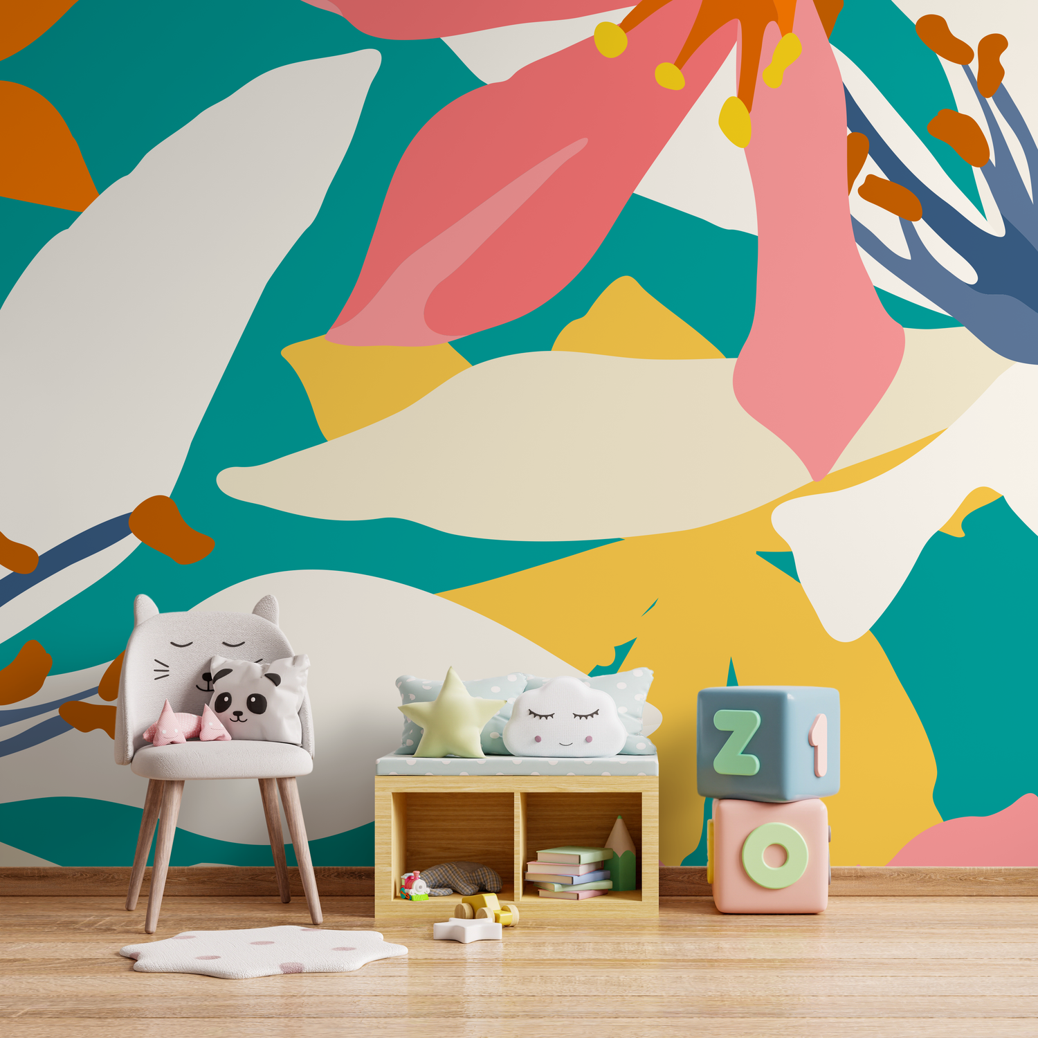Abstract Floral Wallpaper with Bold Organic Shapes in Teal, Pink, and Yellow - B644