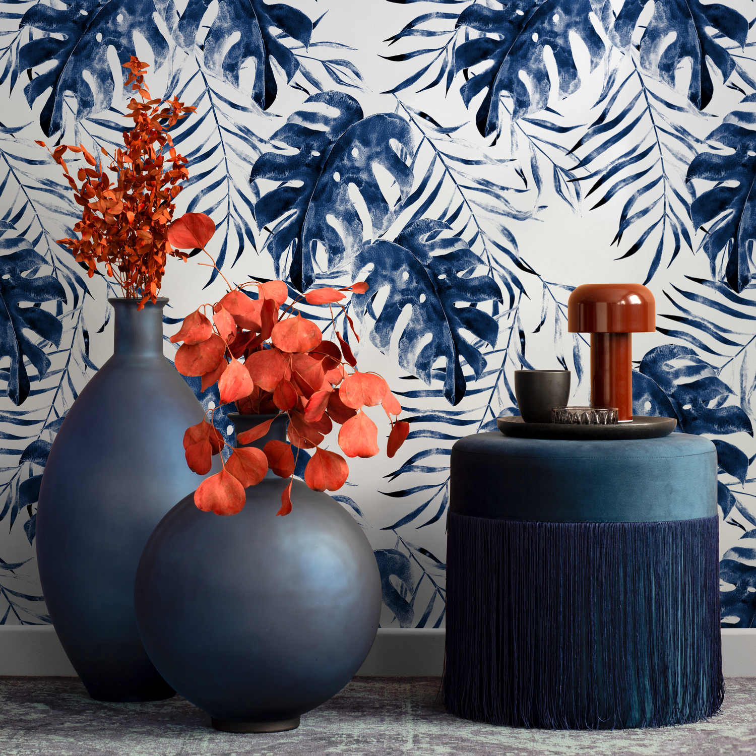 Tropical Wallpaper with Painterly Monstera Leaves in Indigo Blue - B646
