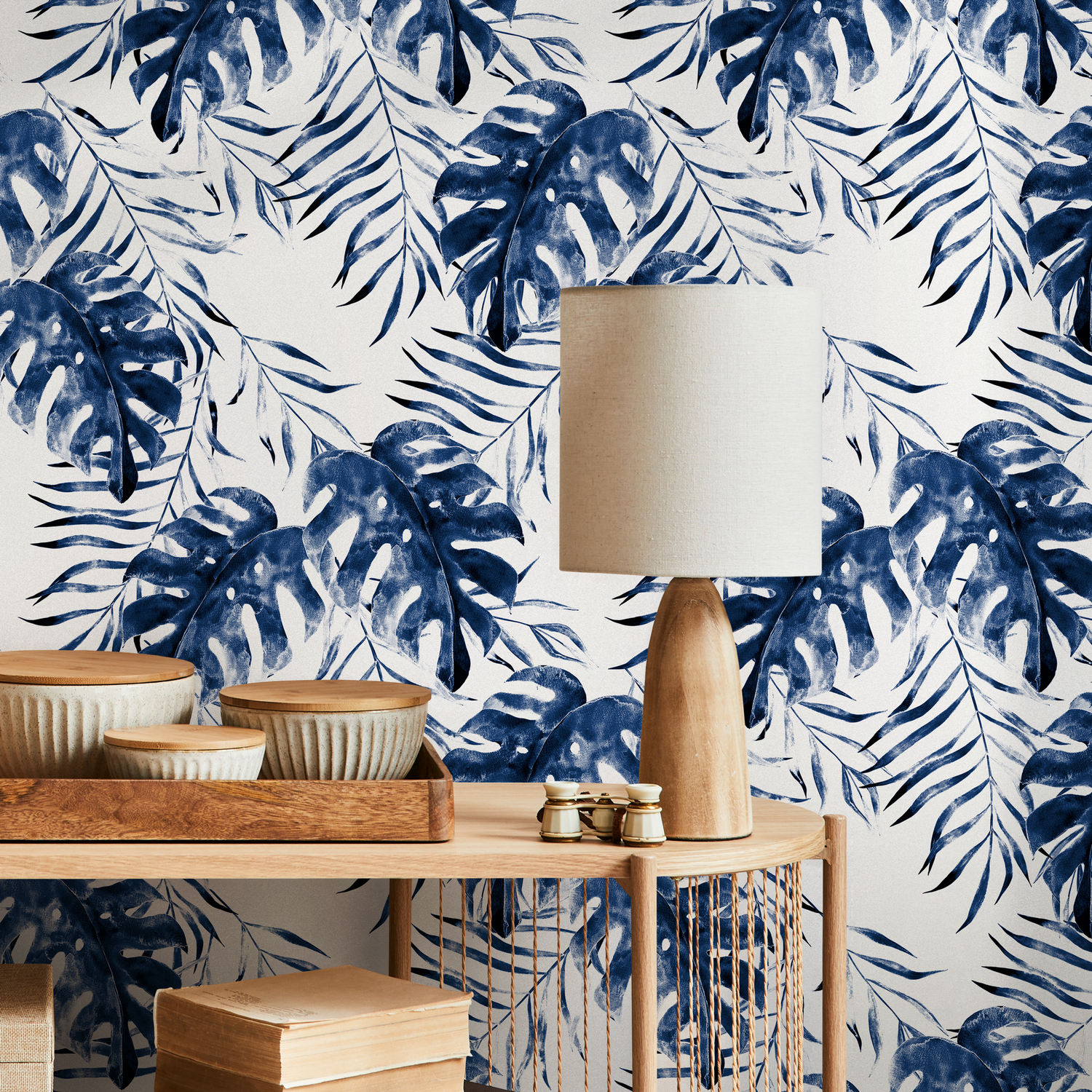 Tropical Wallpaper with Painterly Monstera Leaves in Indigo Blue - B646