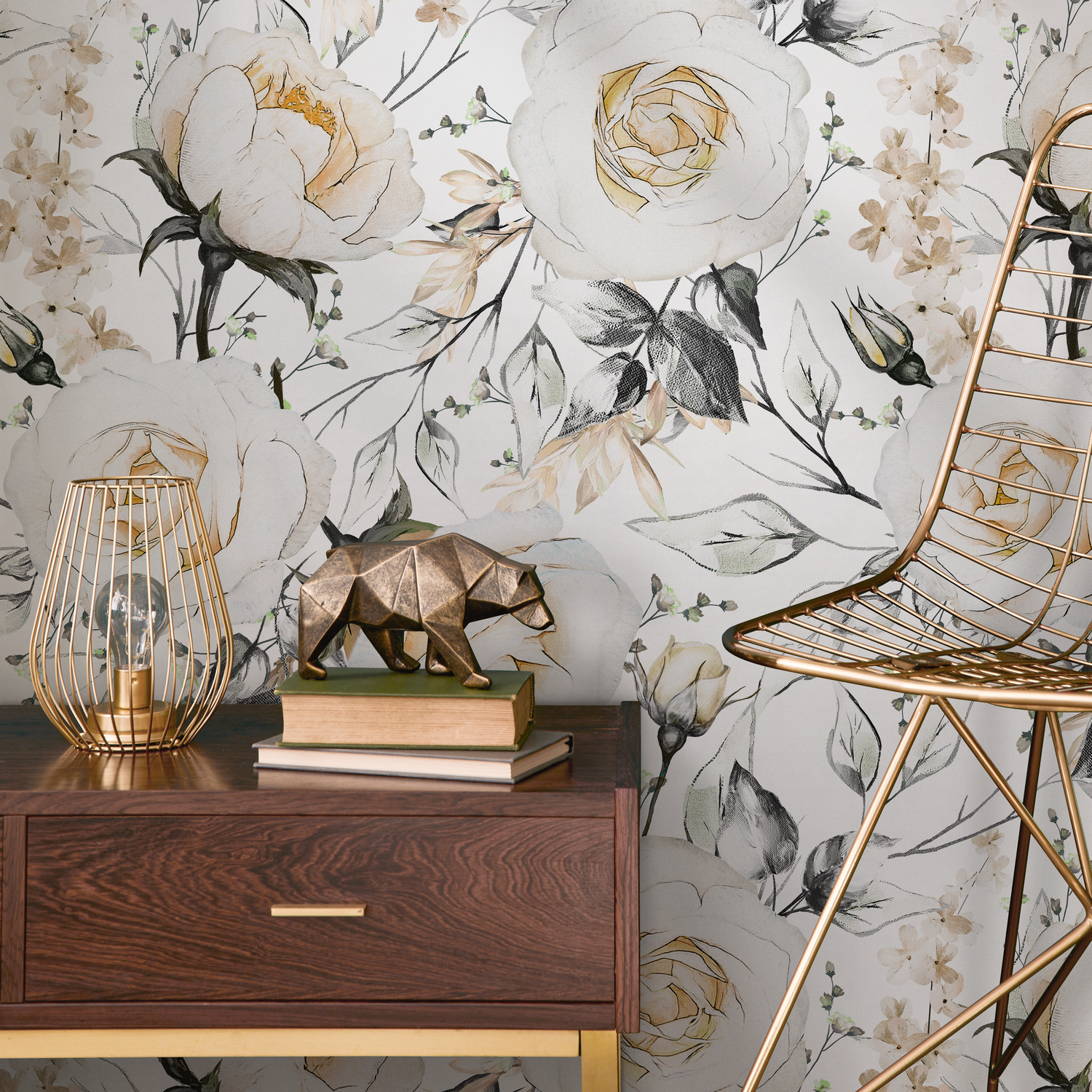 Floral Wallpaper with a Watercolor Rose Motif in Cream, Gray, and Yellow - B656