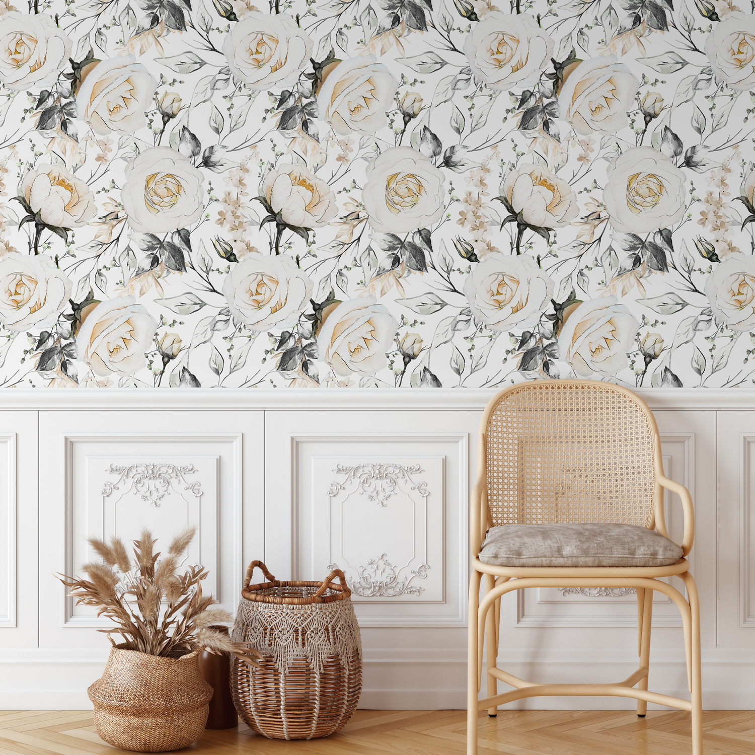Floral Wallpaper with a Watercolor Rose Motif in Cream, Gray, and Yellow - B656