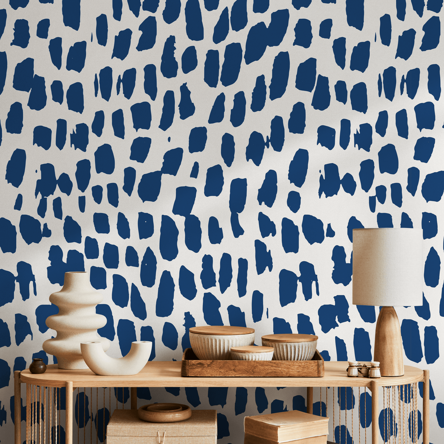 Abstract Wallpaper with Bold Brushstroke Spots in Navy Blue - B659