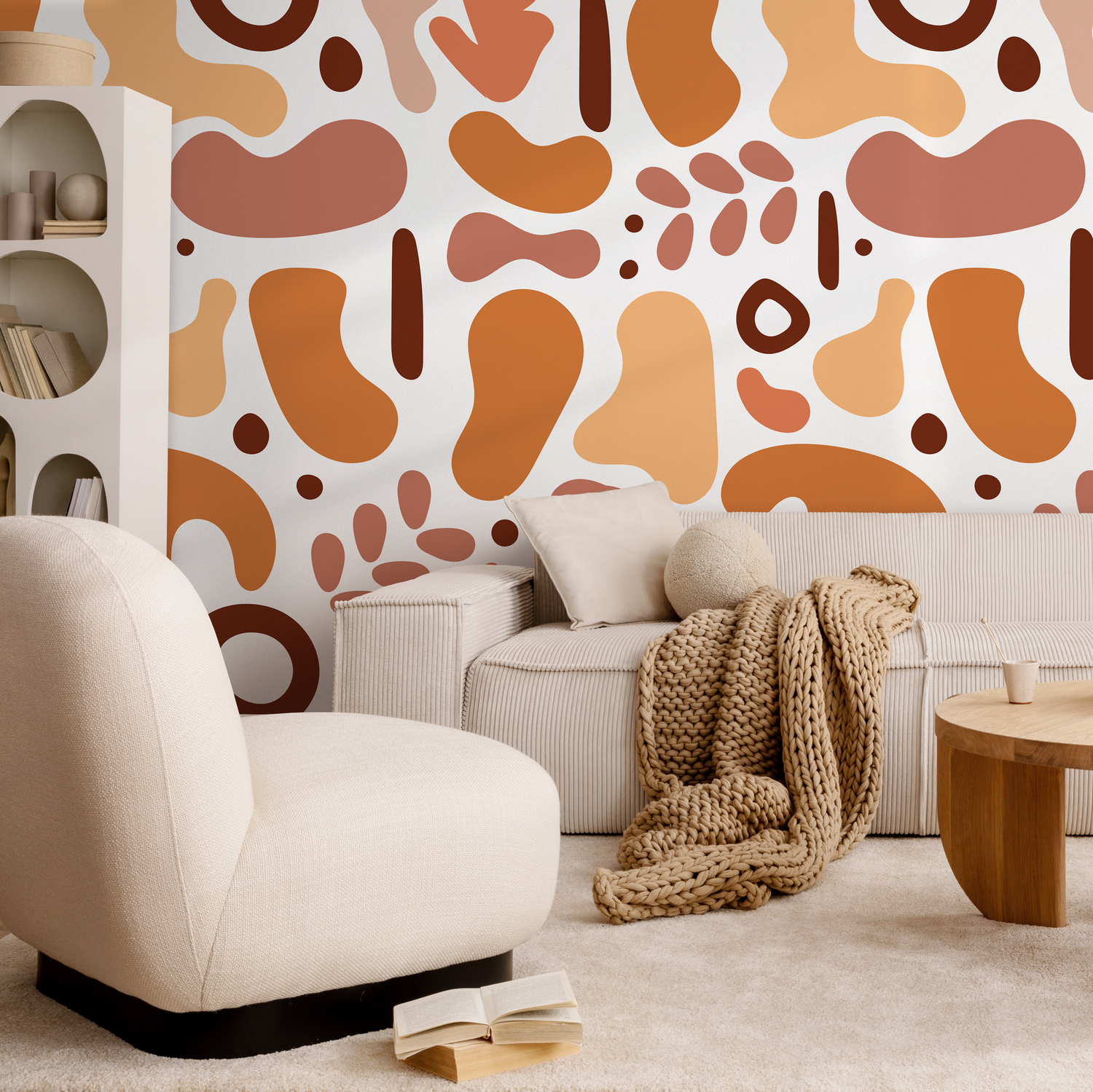 Abstract Wallpaper with Amorphous Shapes in Terracotta, Orange, and Brown - B671