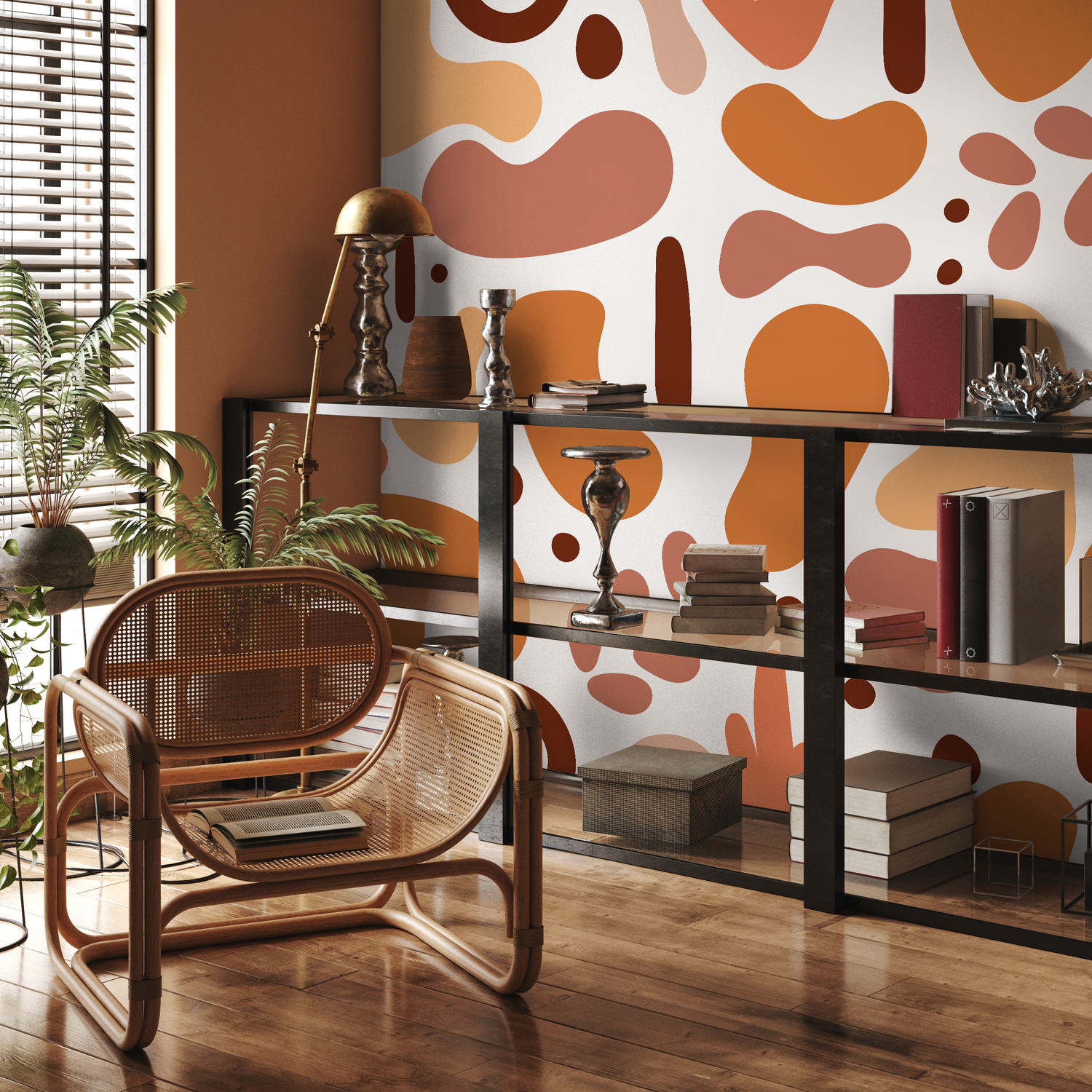 Abstract Wallpaper with Amorphous Shapes in Terracotta, Orange, and Brown - B671