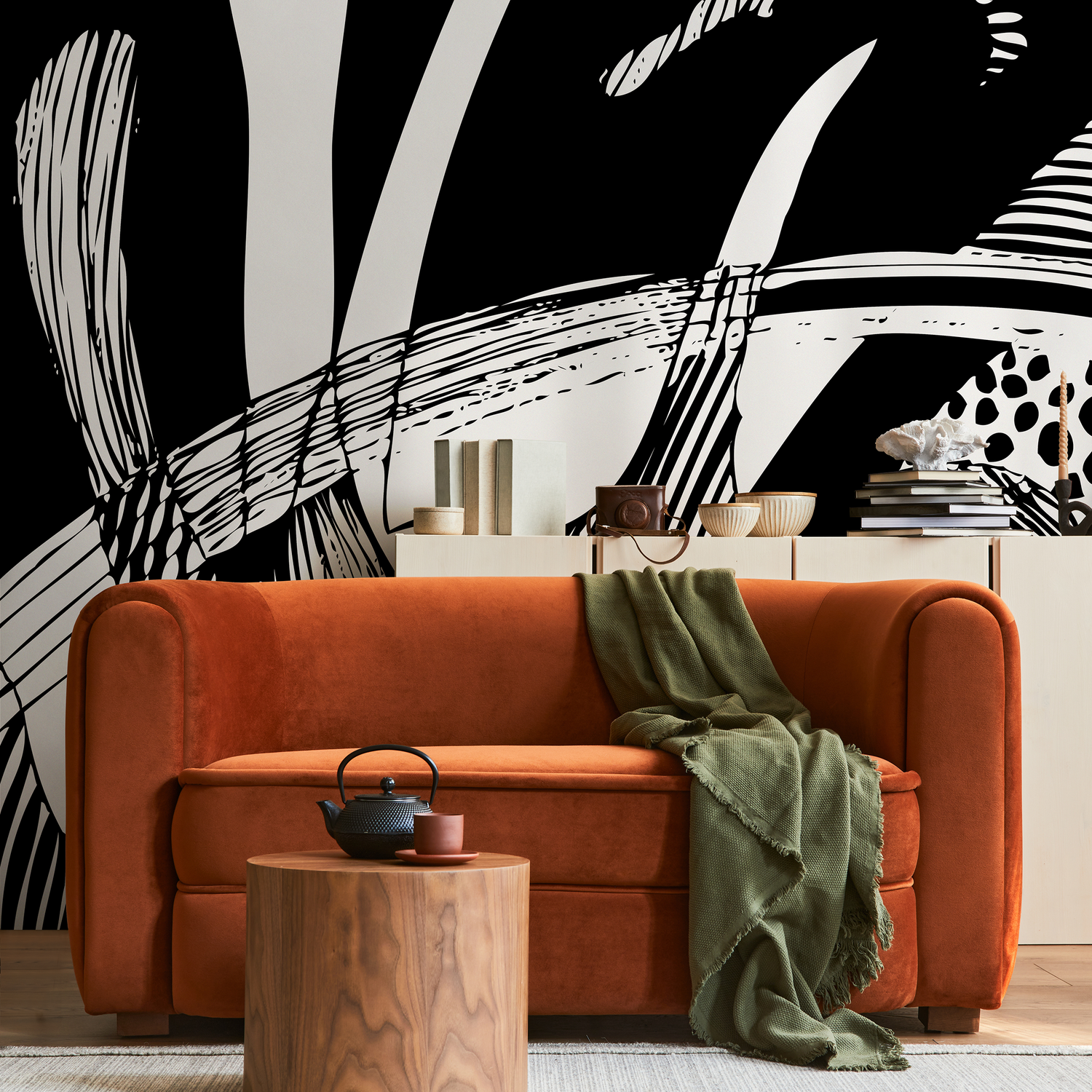 Abstract Wallpaper Featuring Bold Graphic Strokes in Black and White - B682