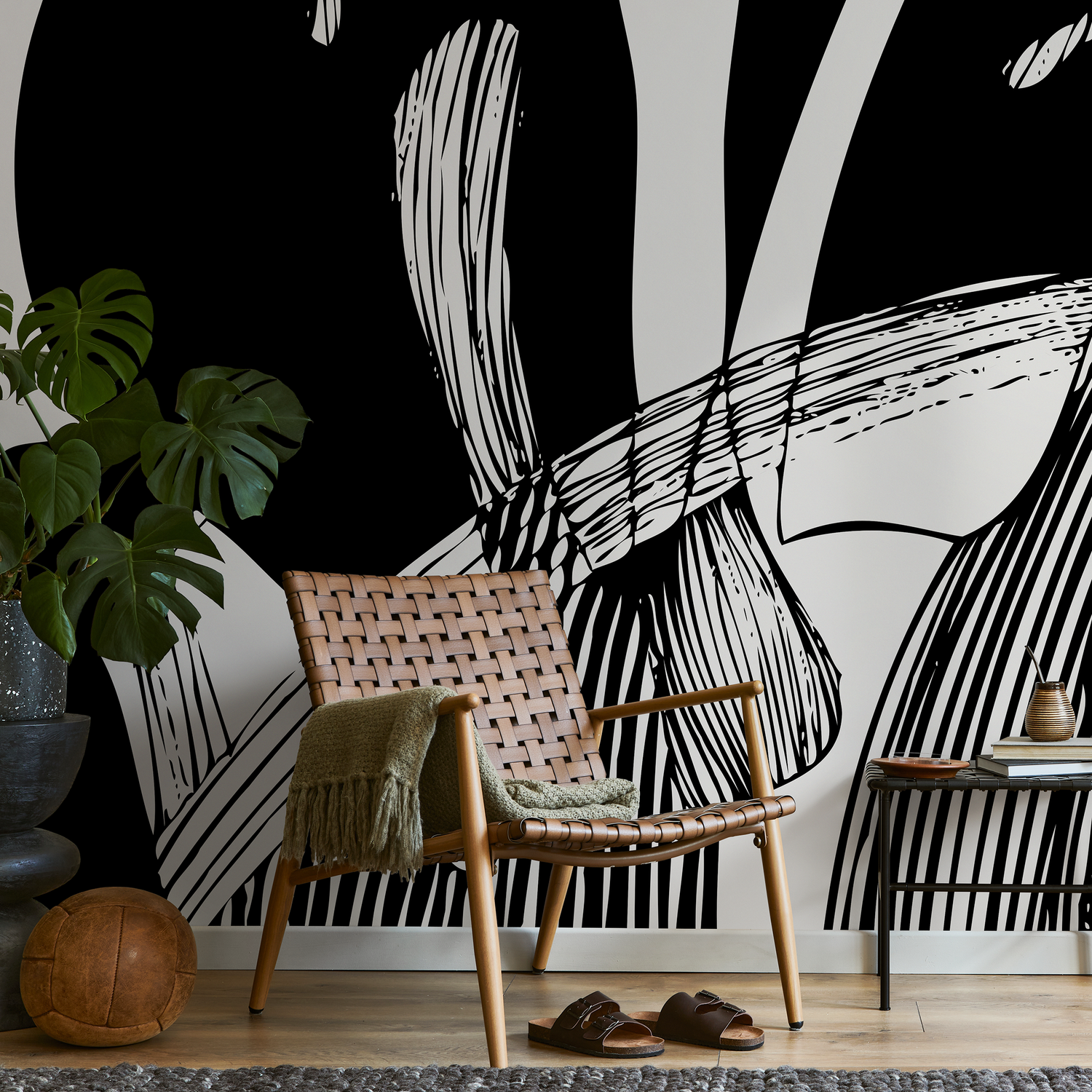 Abstract Wallpaper Featuring Bold Graphic Strokes in Black and White - B682