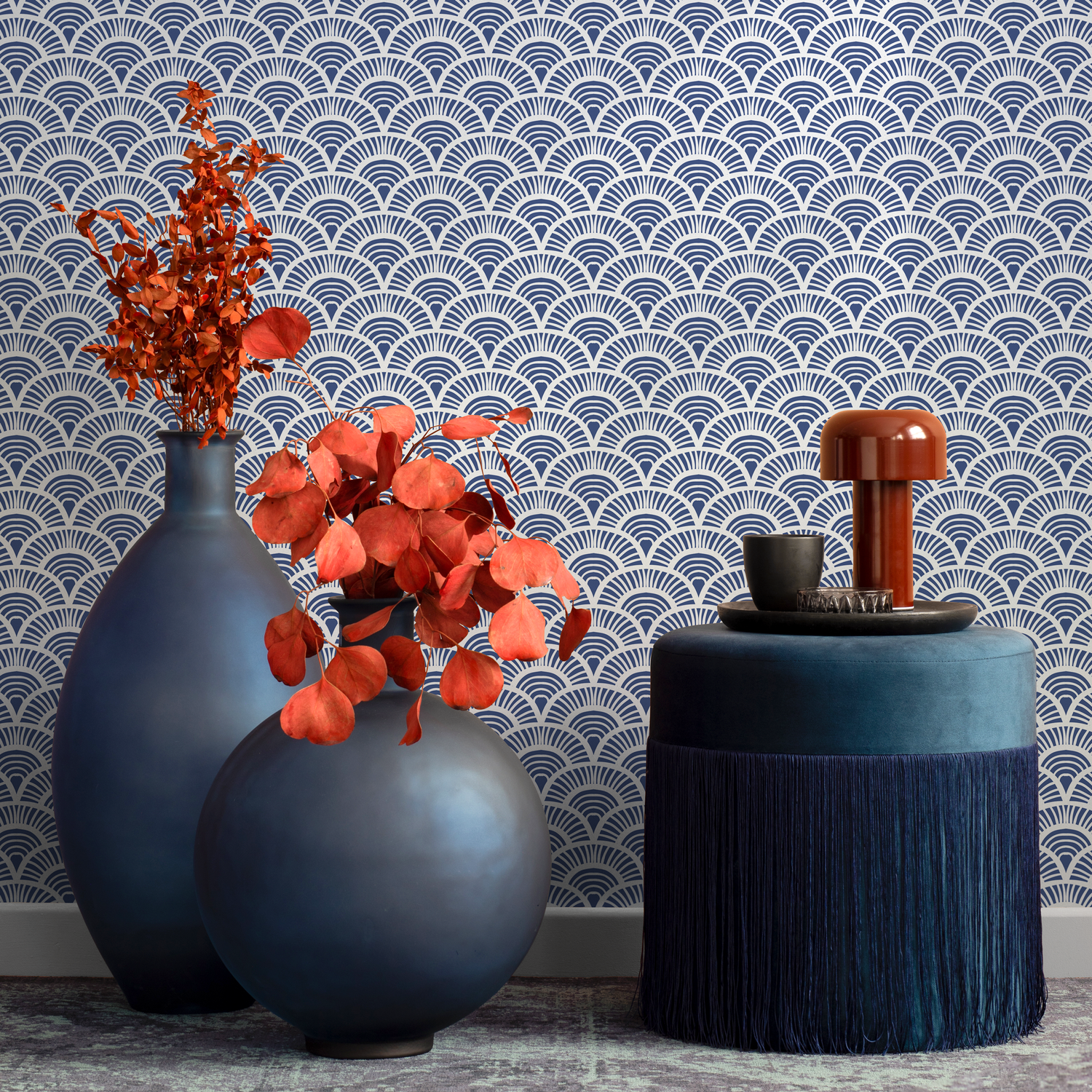 Art Deco Wallpaper with a Japanese Scallop Motif in Blue and White - B686