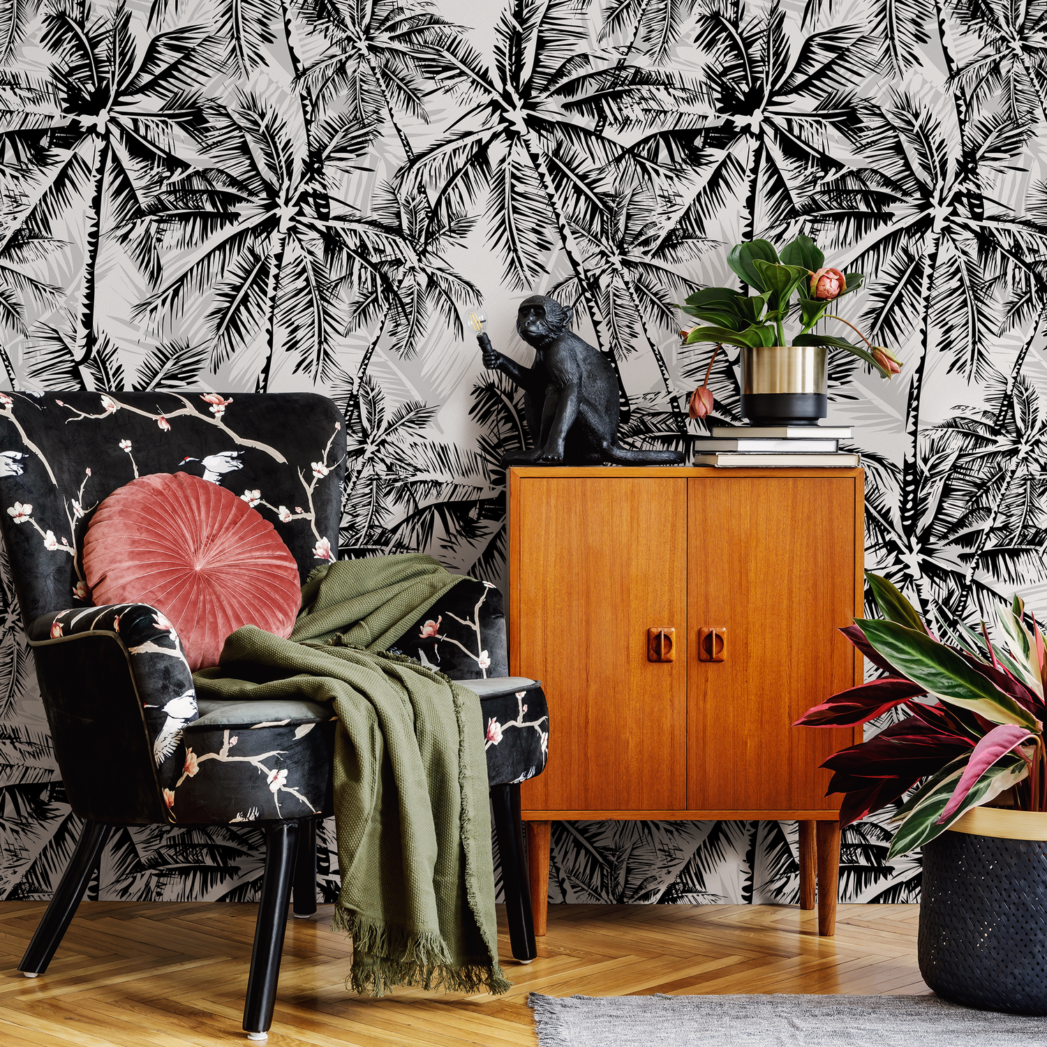 Tropical Wallpaper with Layered Palm Trees in Black and Gray - B689