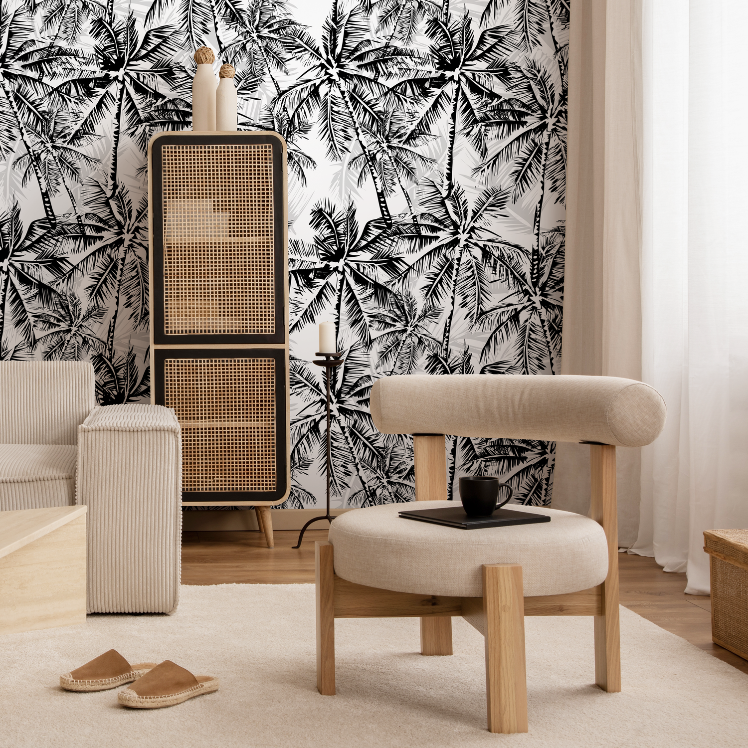 Tropical Wallpaper with Layered Palm Trees in Black and Gray - B689