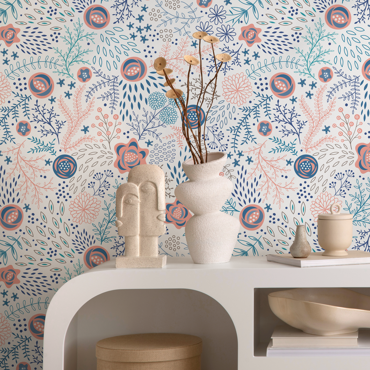 Floral Wallpaper with Stylized Meadow Blooms in Coral, Blue, and Teal - B696