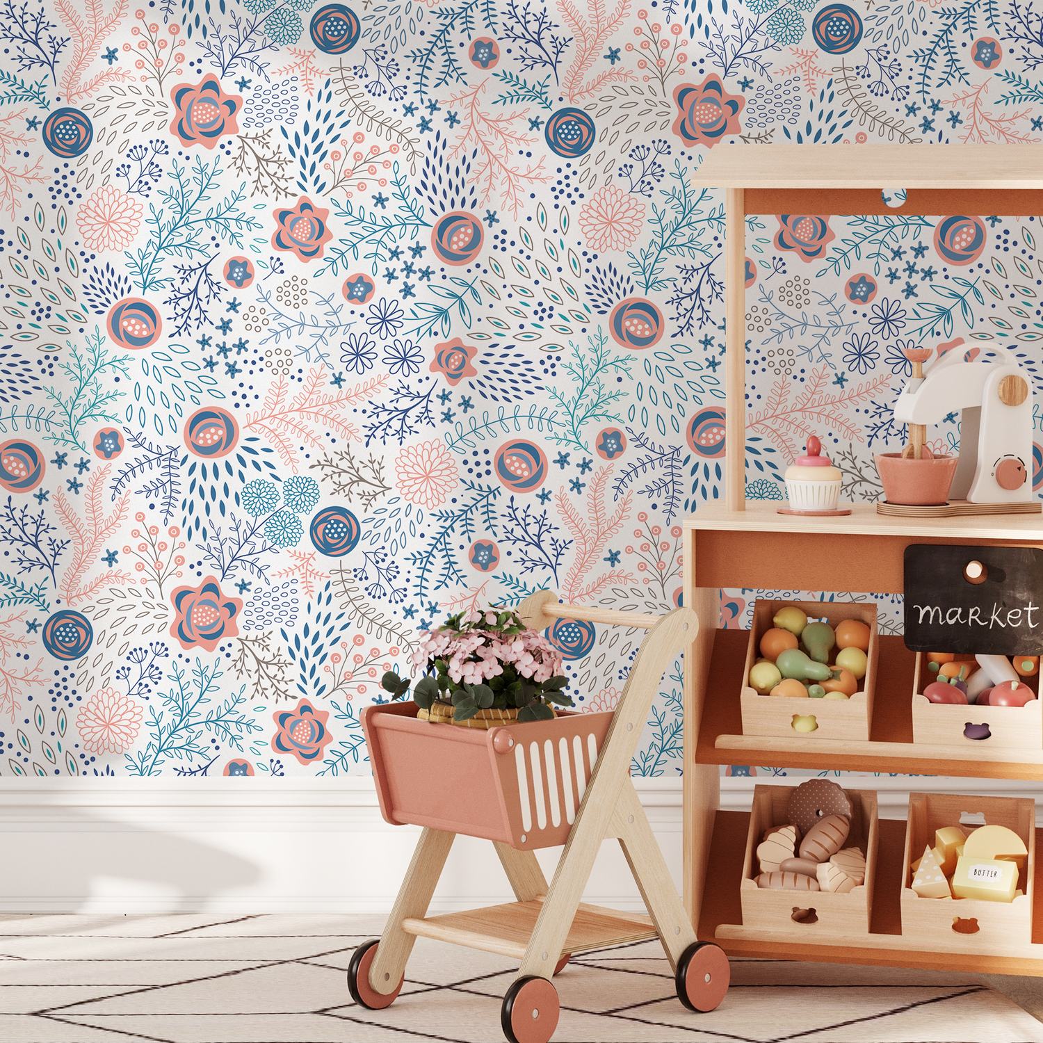 Floral Wallpaper with Stylized Meadow Blooms in Coral, Blue, and Teal - B696