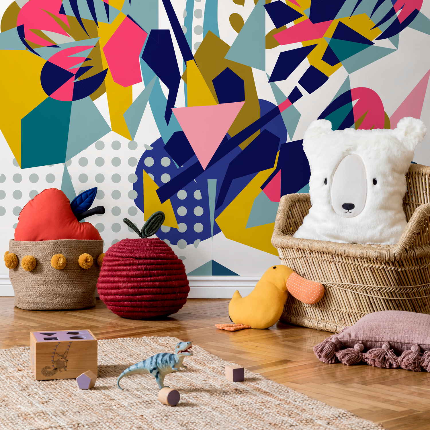 Abstract Wallpaper with a Bold Collage in Yellow, Pink, and Blue - B705