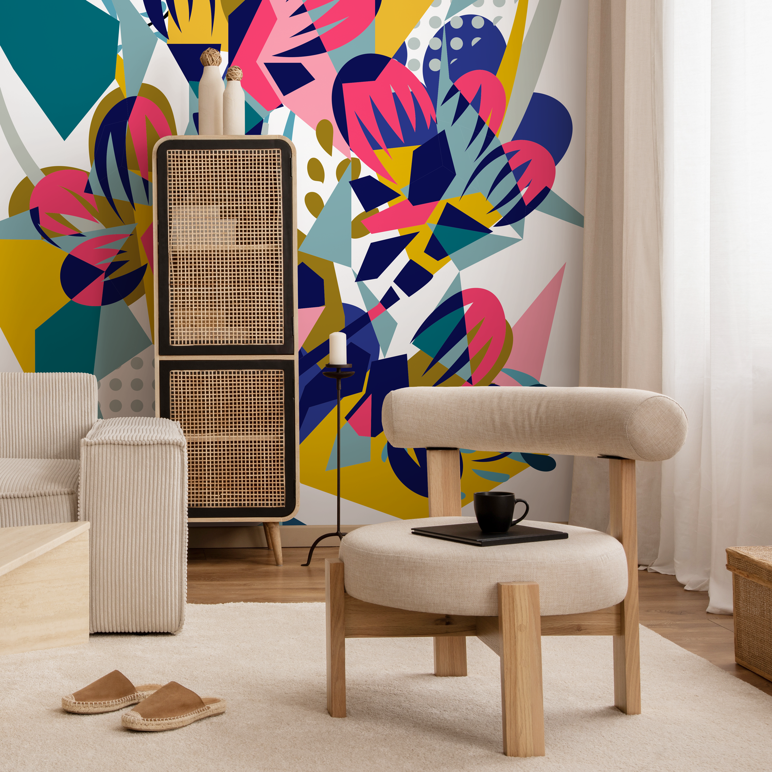 Abstract Wallpaper with a Bold Collage in Yellow, Pink, and Blue - B705