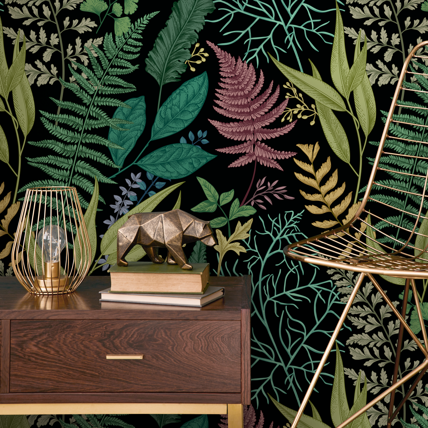 Botanical Wallpaper with Lush Ferns in Green, Red, and Gold - B709