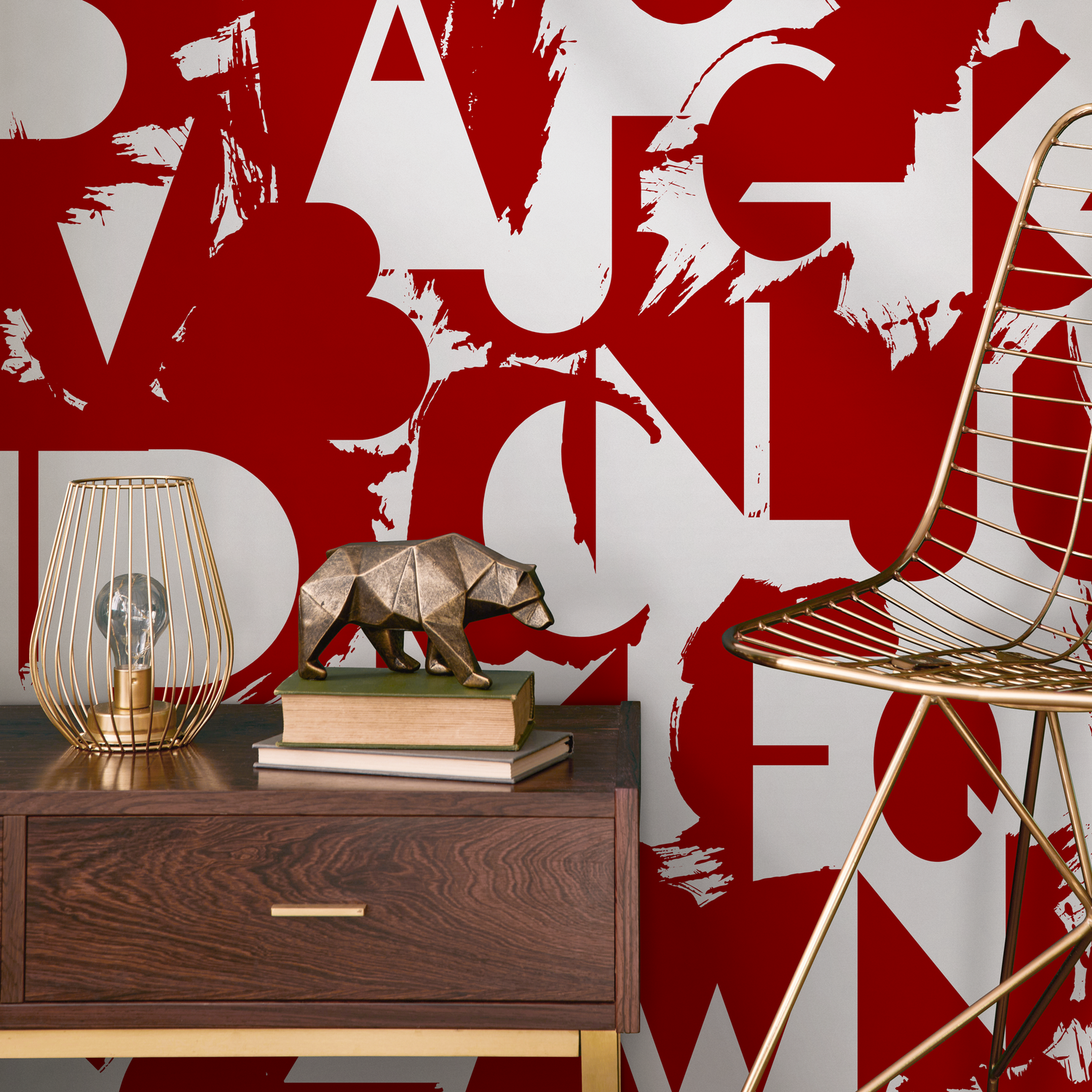 Papel tapiz autoadhesivo, papel tapiz extraíble, decoración del hogar, arte de pared, decoración de habitaciones / Papel tapiz abstracto con tipografía roja - B711