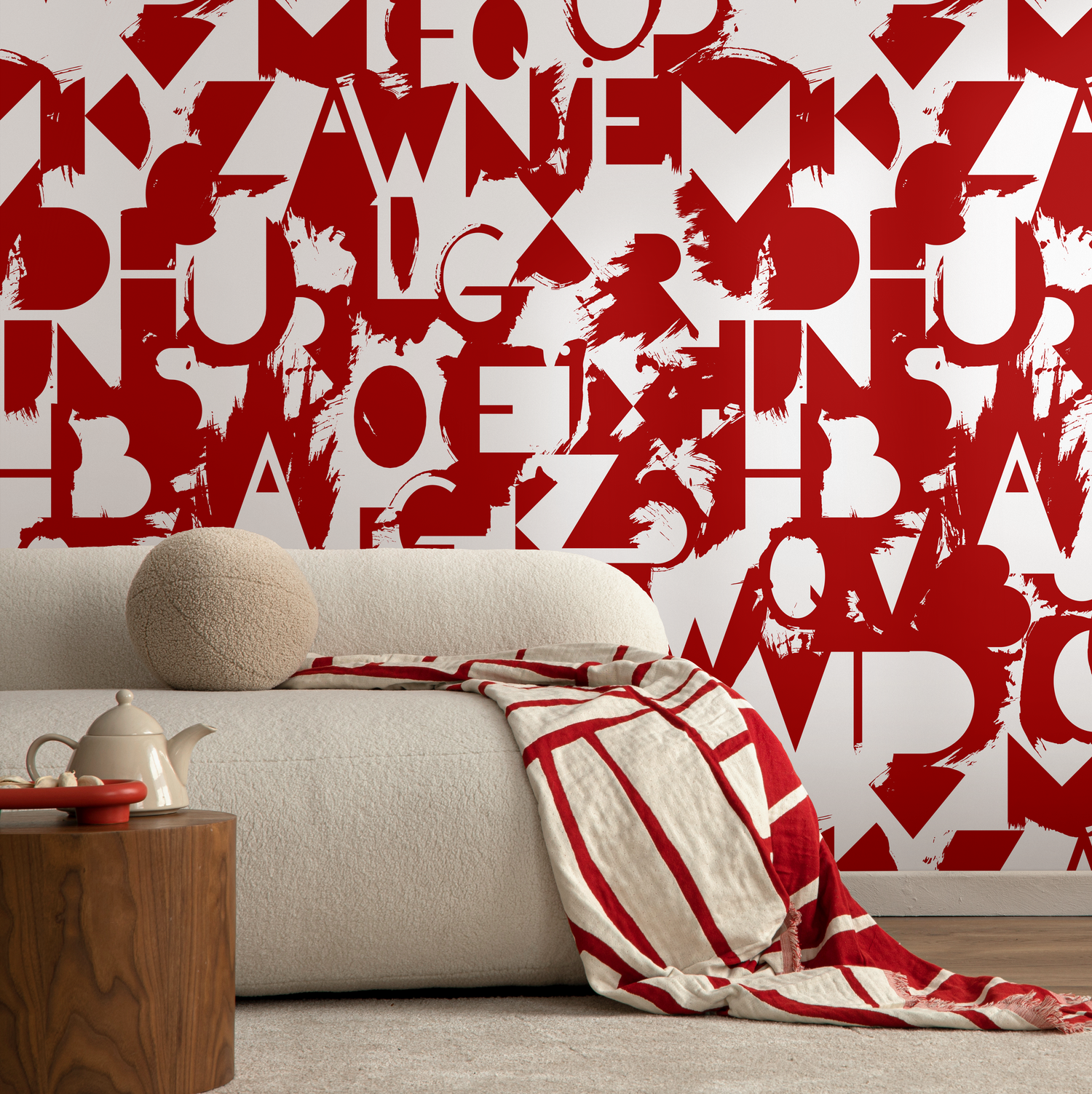 Papel tapiz autoadhesivo, papel tapiz extraíble, decoración del hogar, arte de pared, decoración de habitaciones / Papel tapiz abstracto con tipografía roja - B711