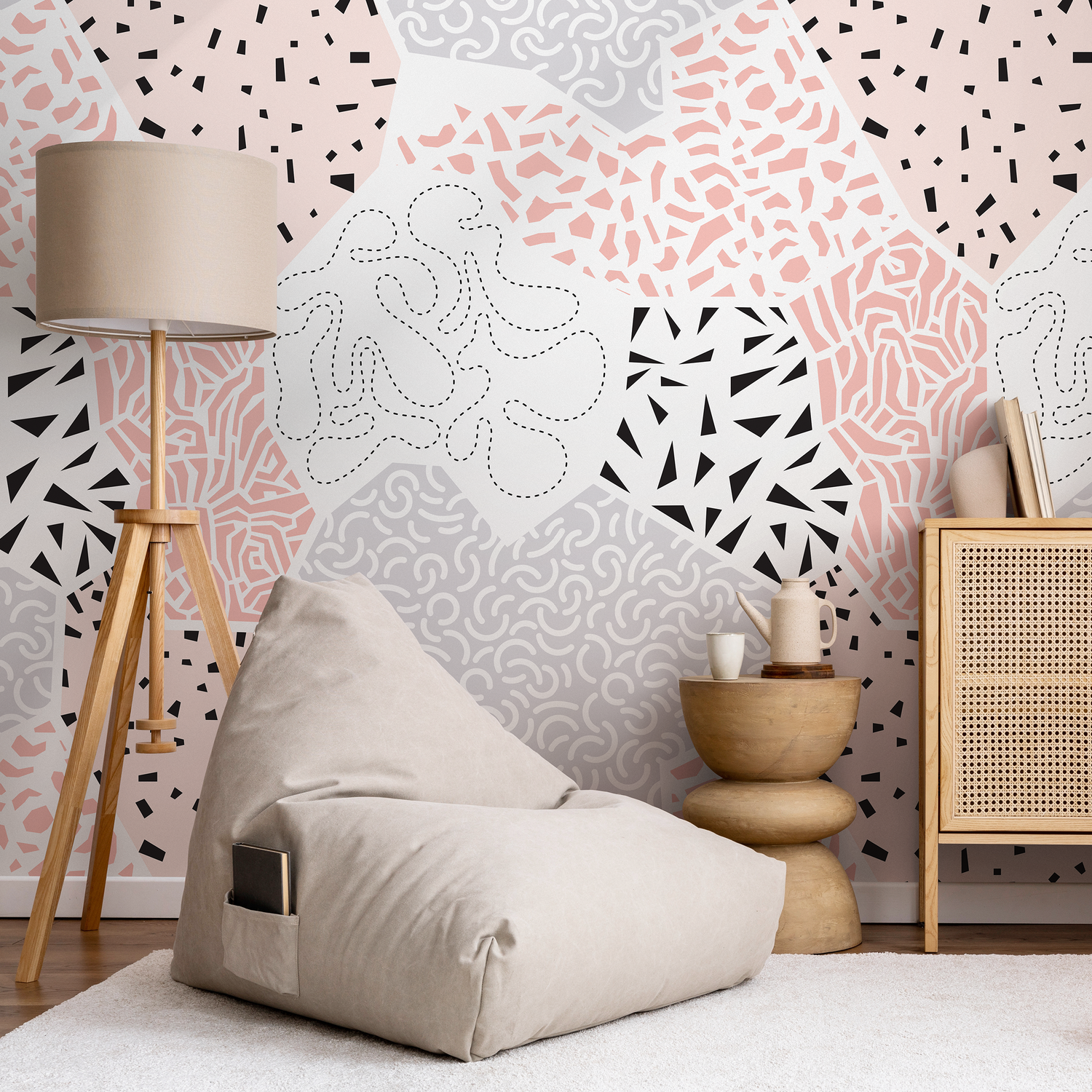 Abstract Wallpaper with a Modern Patchwork of Patterns in Pink, Black, and Grey - B712
