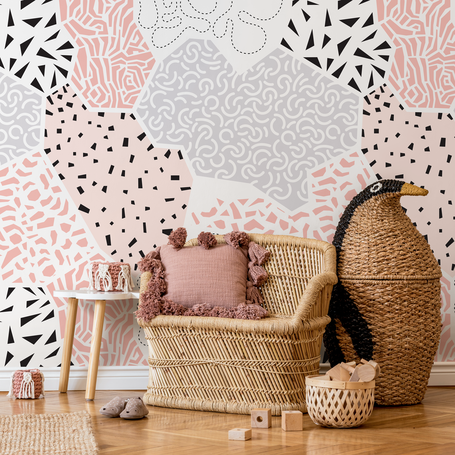 Abstract Wallpaper with a Modern Patchwork of Patterns in Pink, Black, and Grey - B712