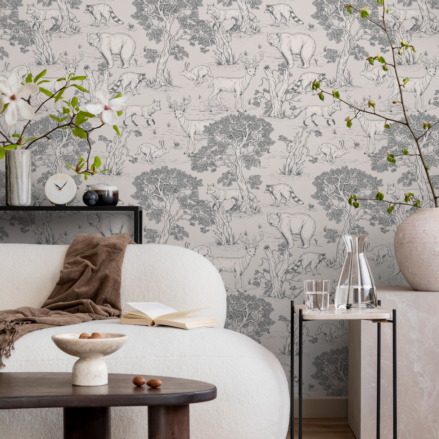 Woodland Wallpaper Featuring Bears, Deer, and Foxes in Gray and Beige - B714