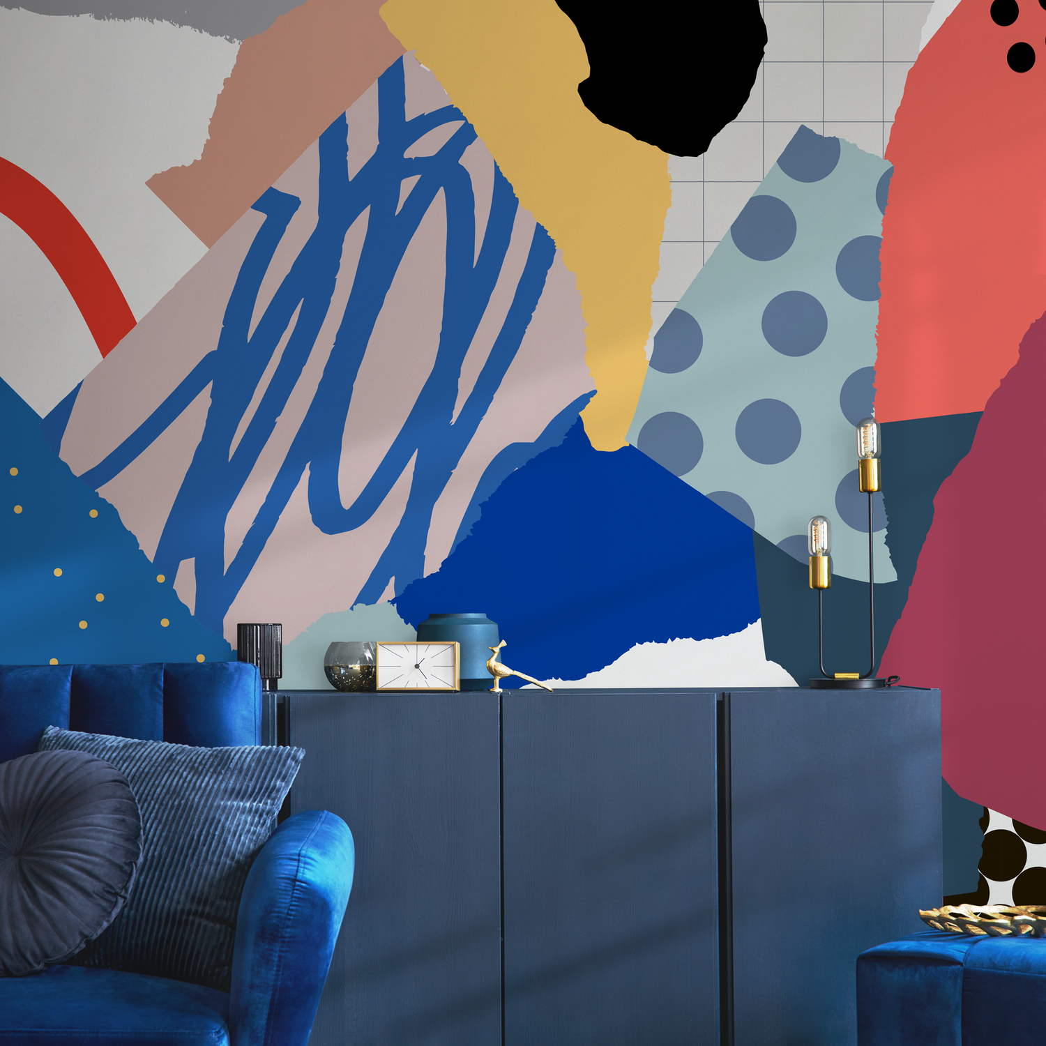 Abstract Wallpaper with a Modern Collage Motif in Blue, Red, and Yellow - B724