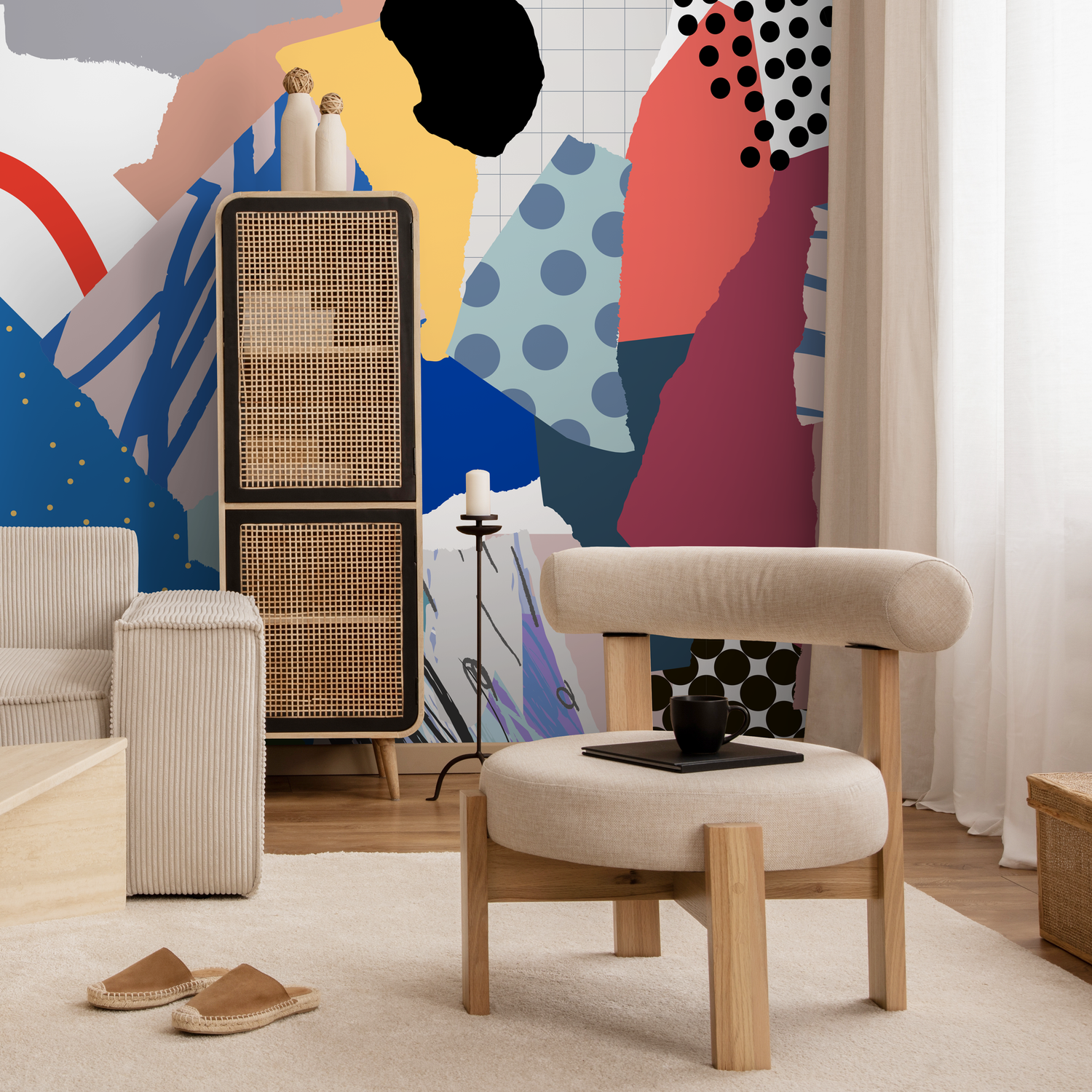 Abstract Wallpaper with a Modern Collage Motif in Blue, Red, and Yellow - B724