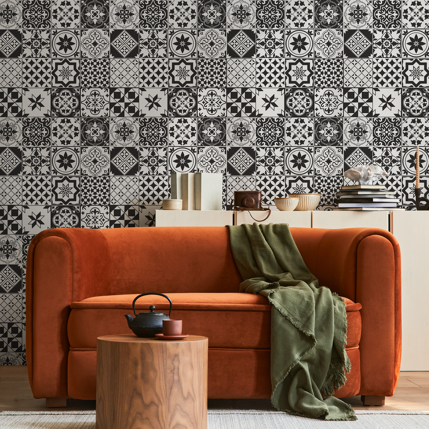 Papel tapiz autoadhesivo, papel tapiz removible, decoración del hogar, arte de pared, decoración de habitaciones, papel tapiz de azulejos en blanco y negro - B727