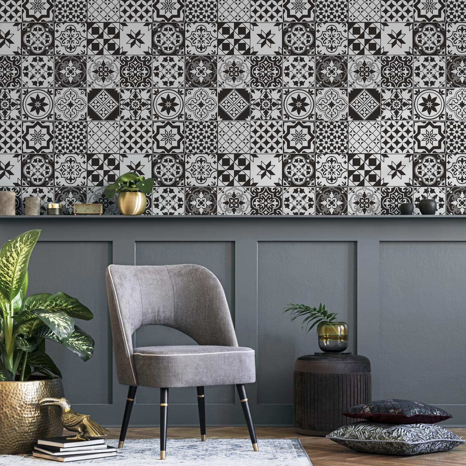 Papel tapiz autoadhesivo, papel tapiz removible, decoración del hogar, arte de pared, decoración de habitaciones, papel tapiz de azulejos en blanco y negro - B727