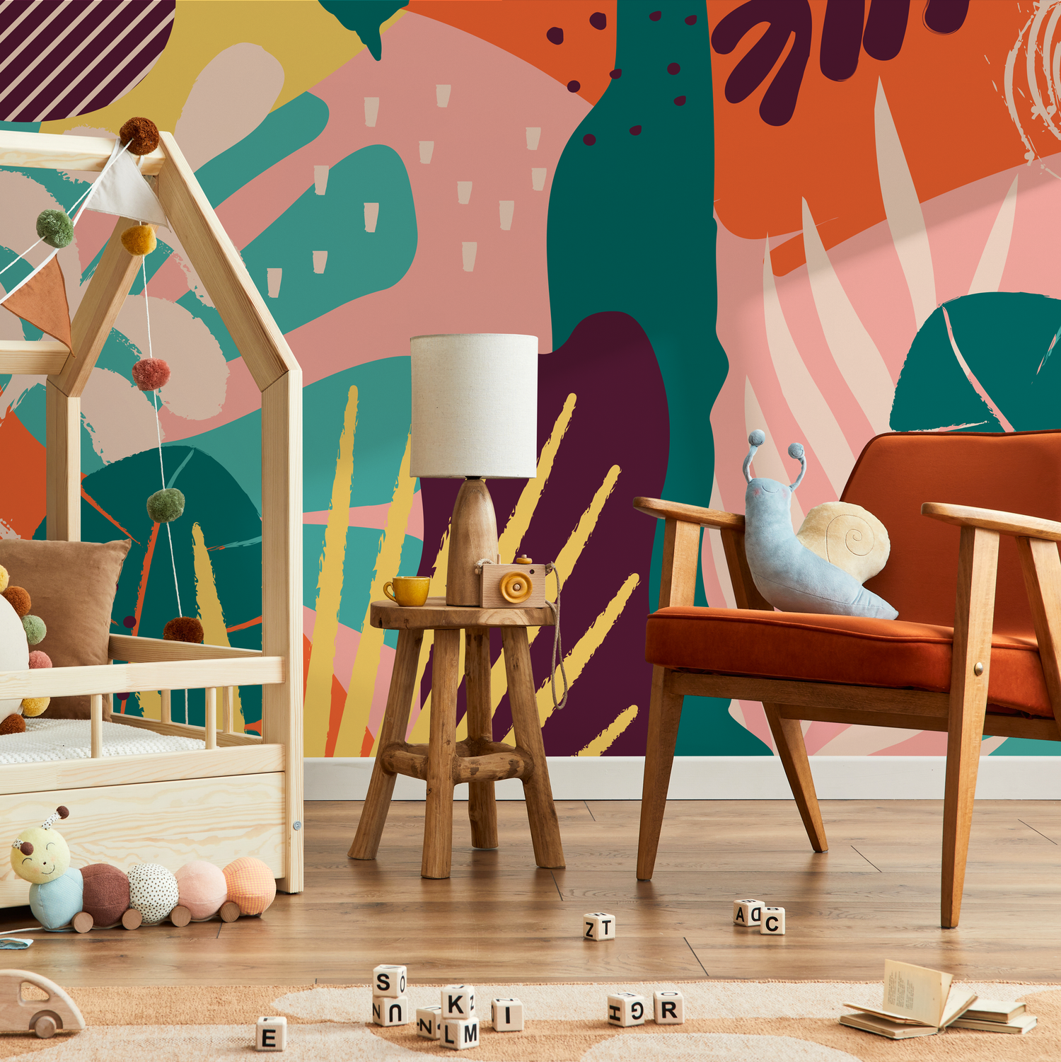 Abstract Wallpaper with a Bold Collage of Shapes in Orange, Teal, and Pink - B730